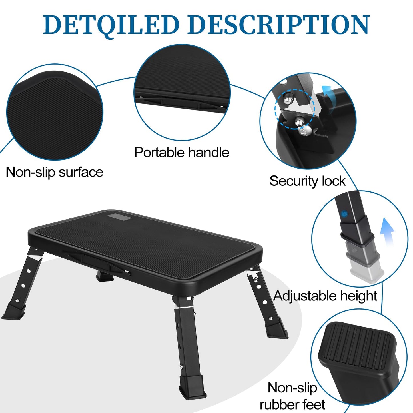 One Step Stool for Adults Folding and Height Adjustable with Non-Slip Rubber Stepping Surface and Portable Handle, RV Steps Stool 330LBS Capacity for Kitchen, Office, Home (Black)