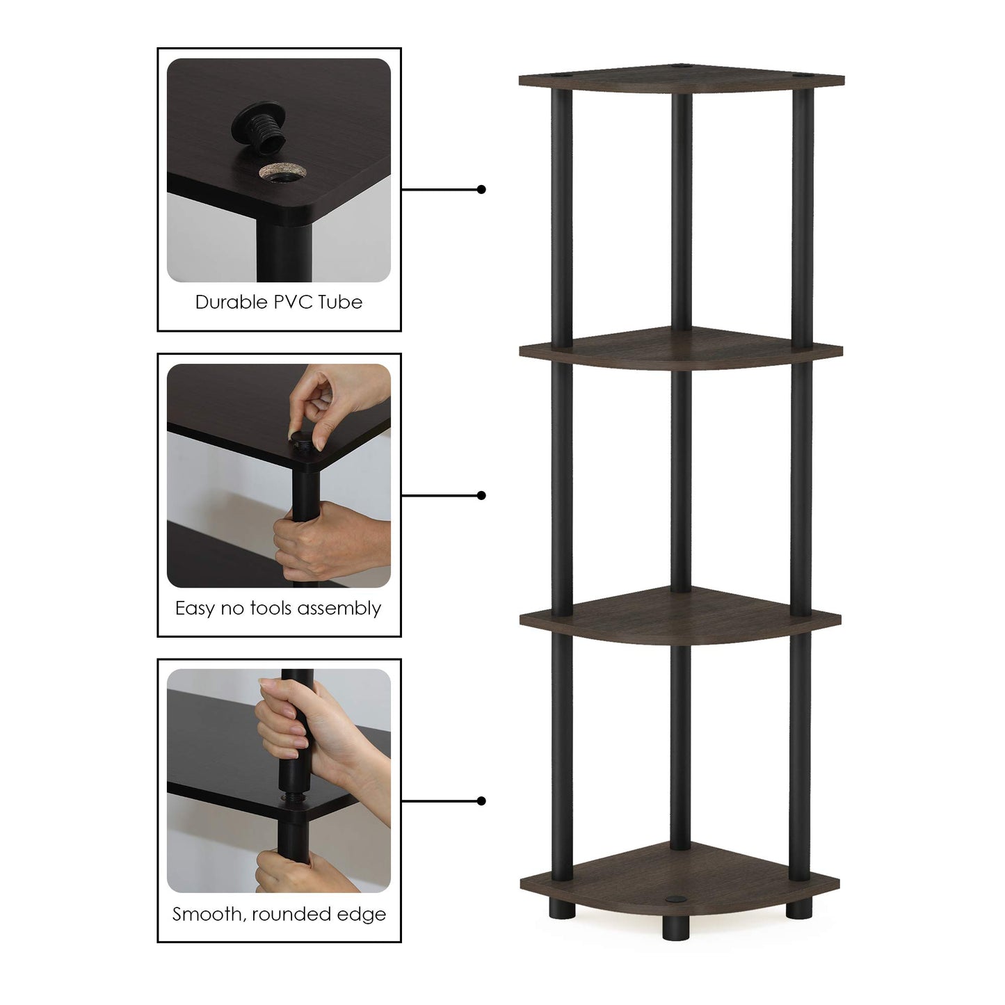 Furinno 12078DB-WG/BK Turn-N-Tube 4-Tier Corner Display Rack Multipurpose Shelving Unit, Dark Brown Grain/Black
