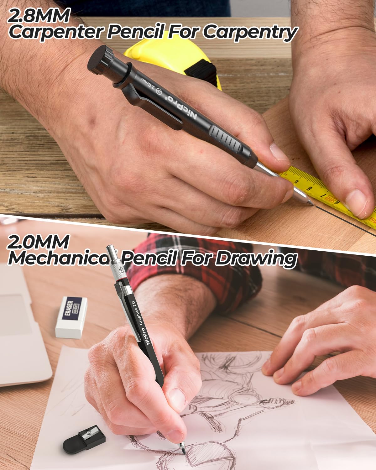 Nicpro 27 Pack Carpenter Pencil Set with Sharpener, Mechanical Carpenter Pencils with 100 Refill, Automatic Center Punch and Carbide Scribe Tool, Heavy Duty Construction Pencil for Architect-With Case