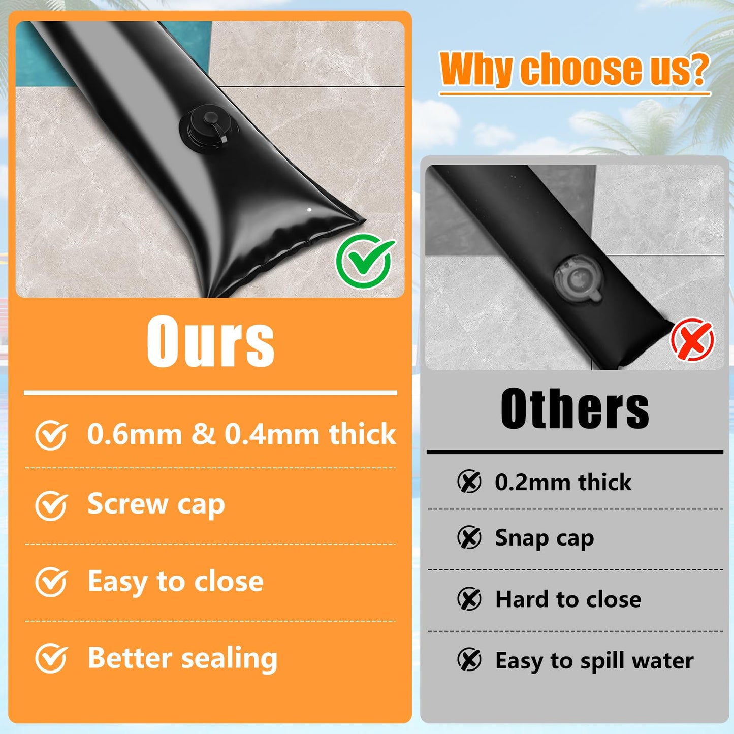 10 Pack 0.6mm Thicker Pool Cover Water Bags with Pool Cover Weights Corner, 8 Ft PVC Pool Water Tubes with Screw Caps for Winterizing for Inground Swimming Pool Winter Cover