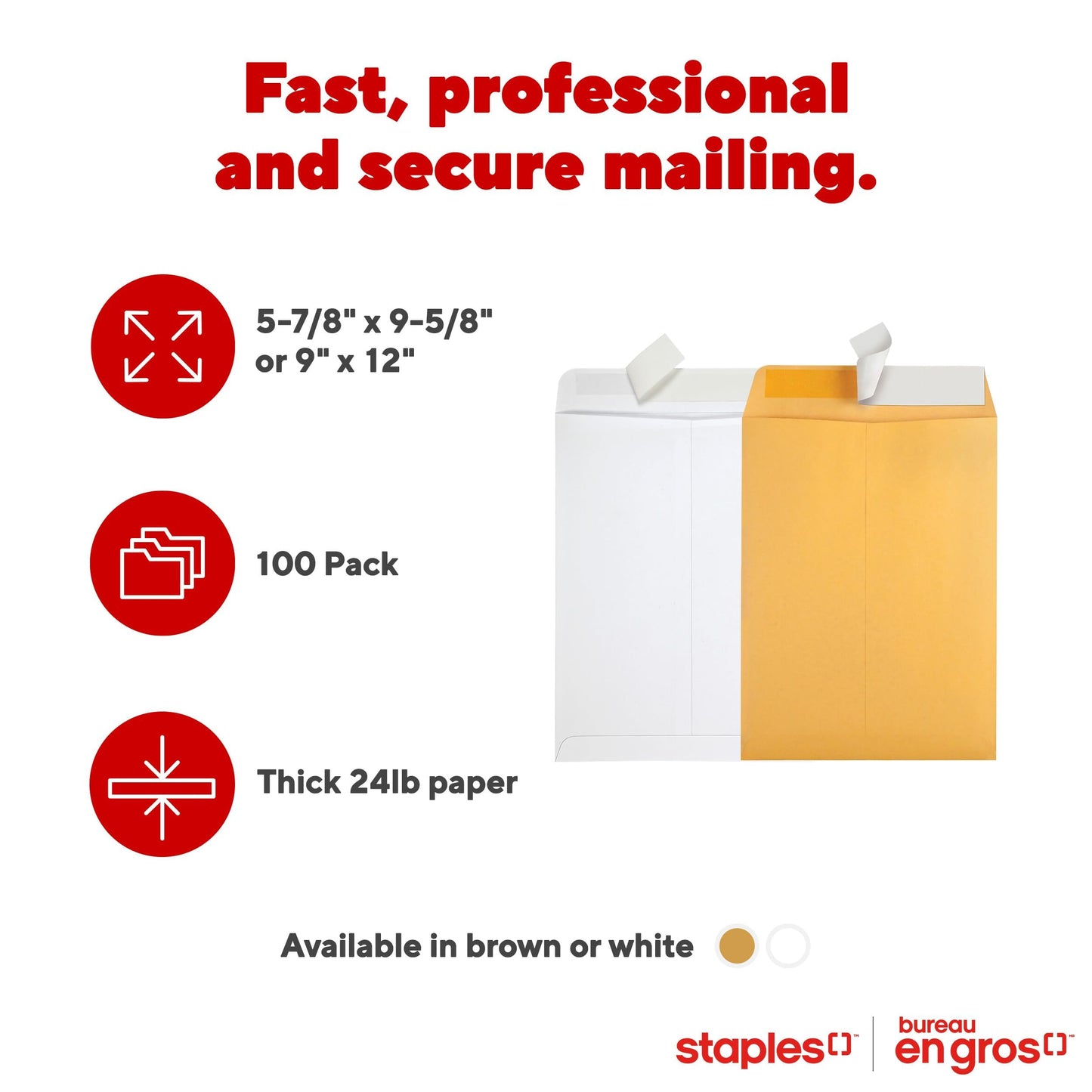 Staples Kraft Catalogue Envelopes with QuickStrip Closure - 9" x 12" - Brown - 100 Pack