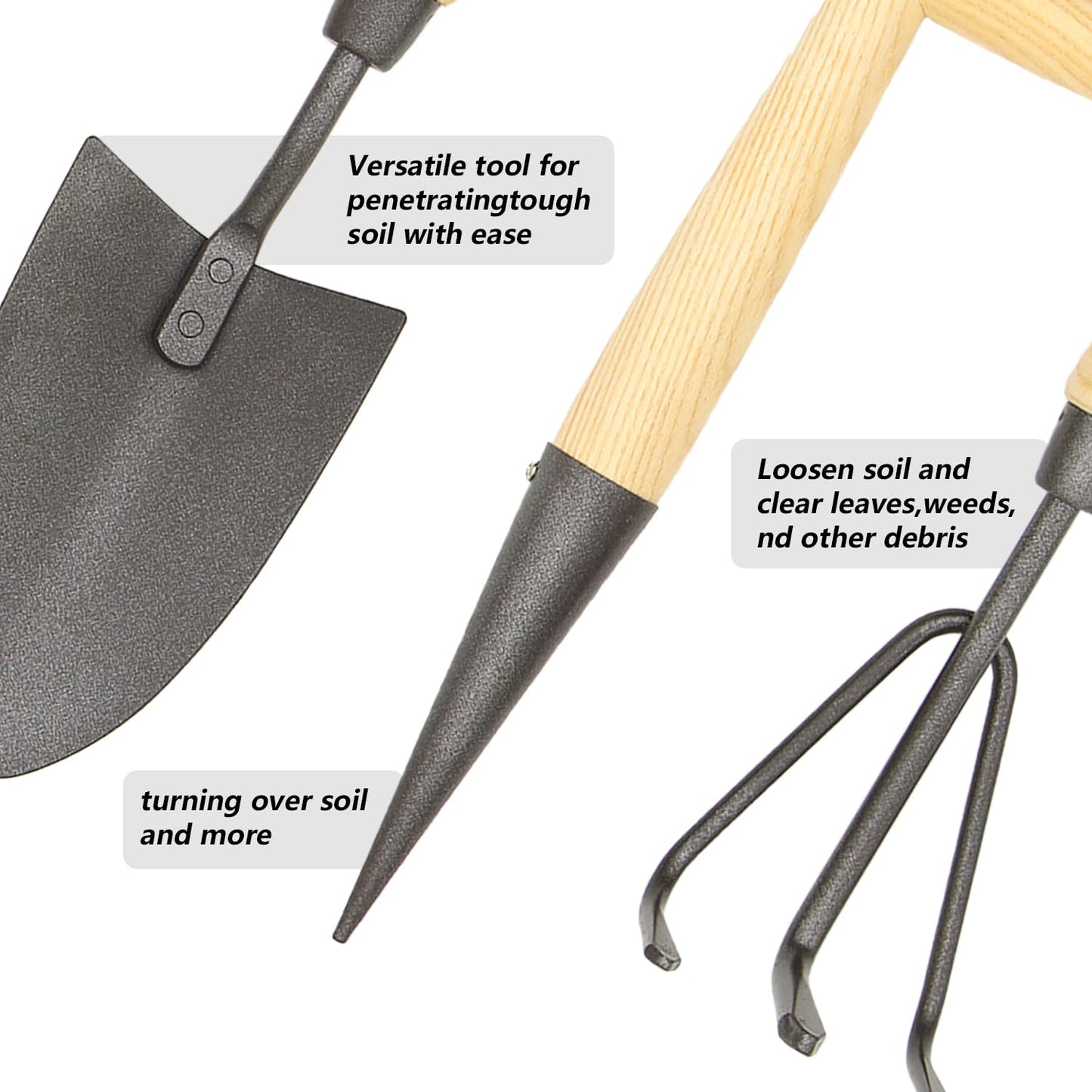 Japanese Gardening Tools Set, 6 Pcs Garden Tools Set, Black Painted Stainless Steel Heavy Duty Gardening Tools Kit, Hand Trowel, Dibble, Hand Rake, Weeder, Transplanter and Hand Folk