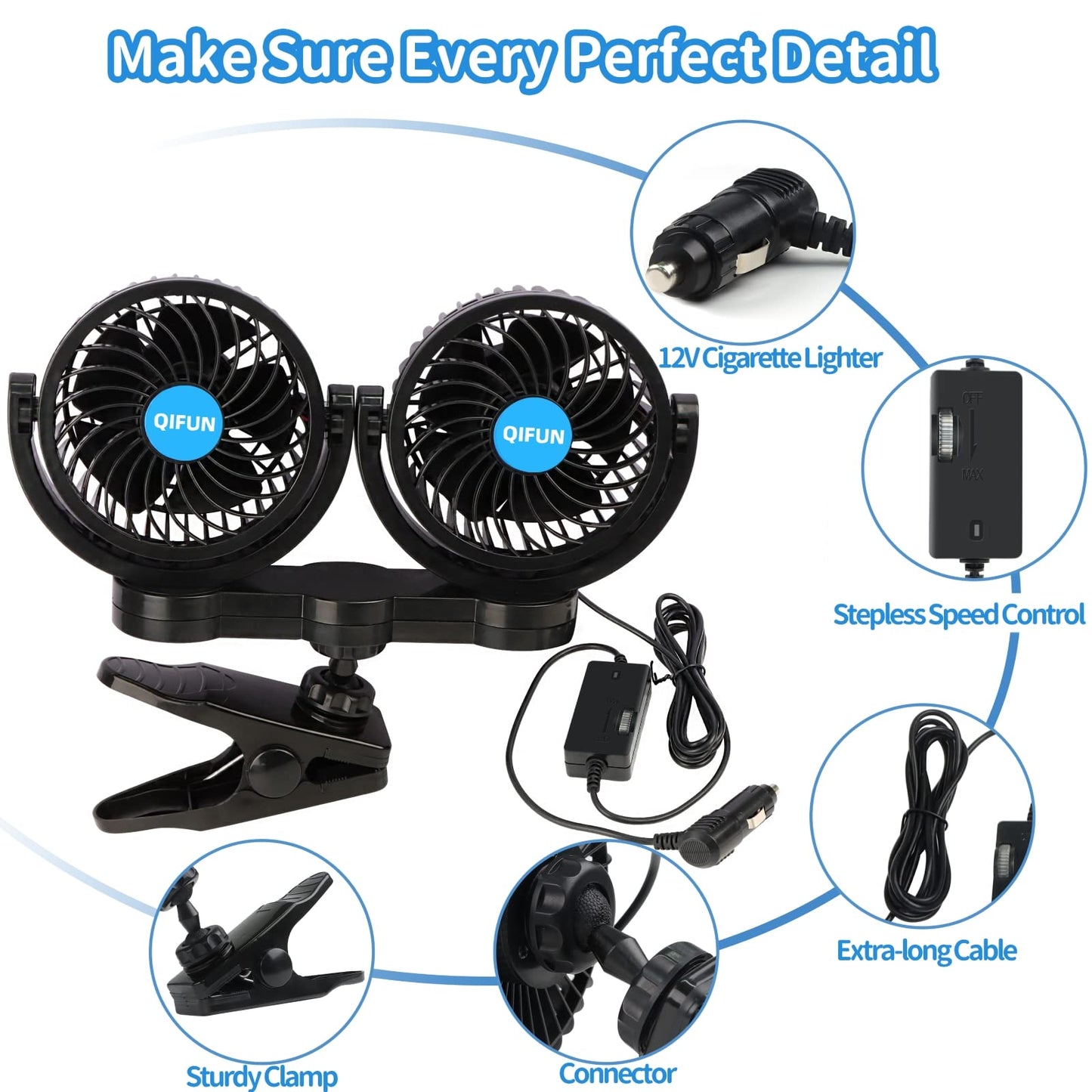 QIFUN Car Fan Adjustable Dual Head 12V 360° Rotatable 4 Inches Car Clip Fan for Front/Rear Seat Passenger Car Essentials Cooler with Stepless Speed Regulation for Vehicle SUV, RV