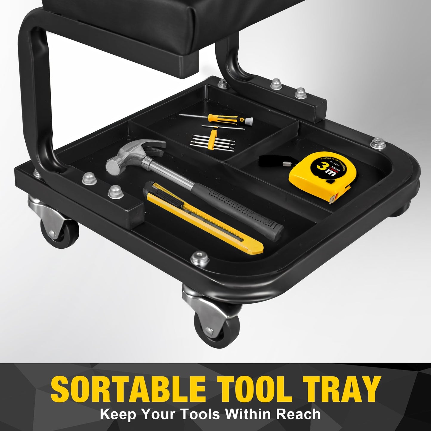 YELLOW JACKET Rolling Stool with Wheels 250 LBS Capacity, Shop Mechanic Stool Garage Seat with Tool Tray Storage Workshop Chair for Garage, Shop, Auto Repair