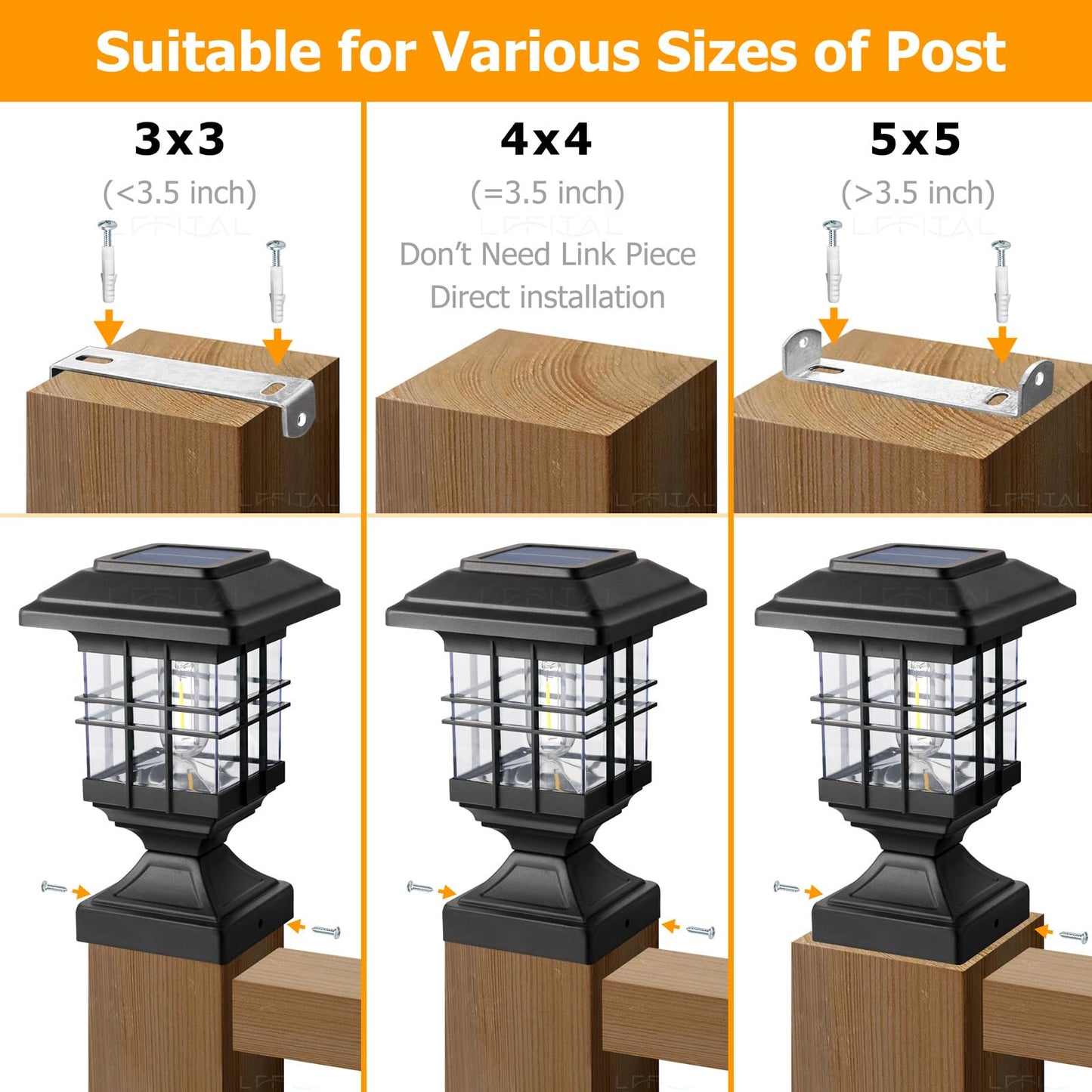 Lffital Solar Post Lights Outdoor Solar Post Cap Lights 2 Modes LED Deck Fence Cap Light for 4x4 5x5 6x6 Posts Patio Garden Decoration Warm White Lighting Black (2 Pack), TR-POST01