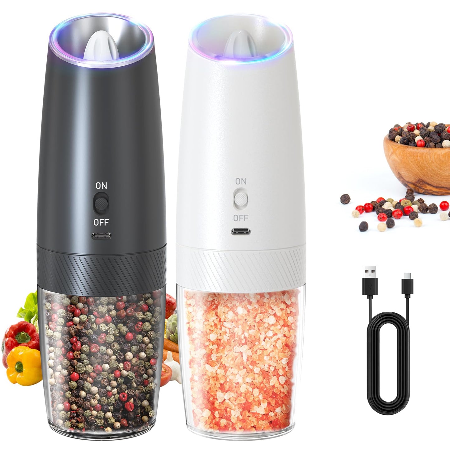 CIRCLE JOY Gravity Electric Salt and Pepper Grinder Set, Rechargeable Pepper Grinder with 135ml Refillable Container, Adjustable Coarseness, Electric Salt Shaker for Home Restaurant, Black White