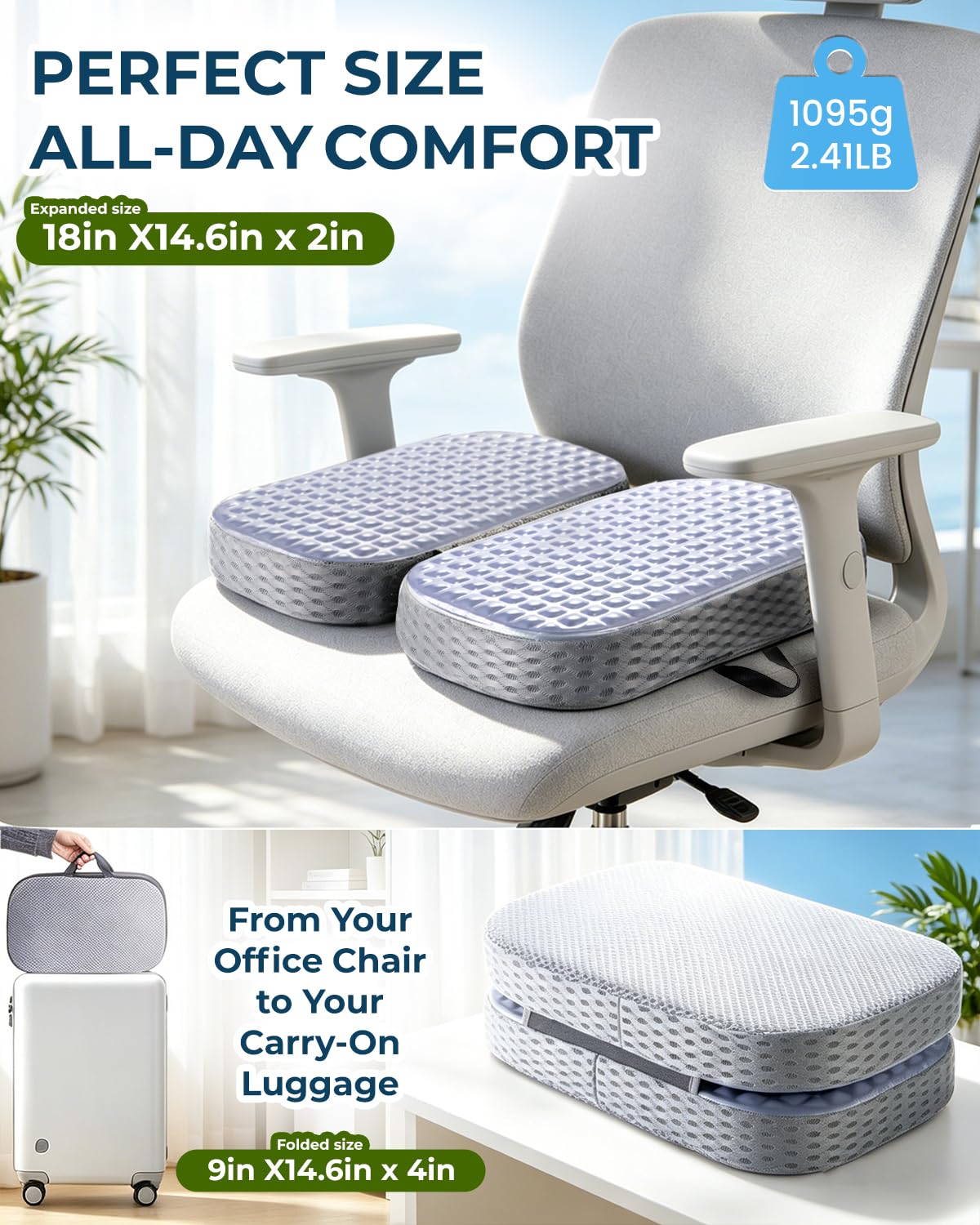 Gel Enhanced Memory Foam Seat Cushion Foldable Gel Cushion Large Office Chair Cushion for Long Sitting Ergonomic Tailbone Pillow Pain Relief Car Seat Cushion Travel Cushion for Airplane Stadium