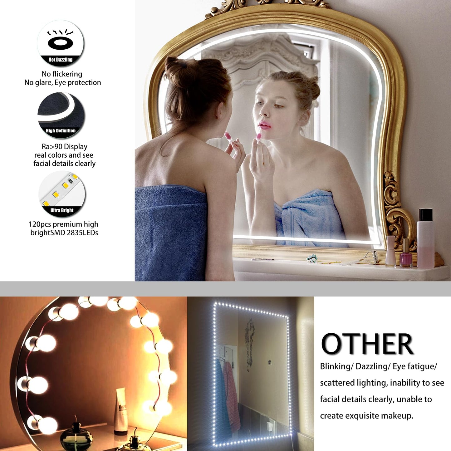 Blikshin Vanity Lights for Mirror,10ft 6000k/Not Dazzling/360LED/Dimmable Mirror Lights Stick On,ELT Approval 12v Light for Vanity Stick On,for Bathroom/Dressing/Full Body