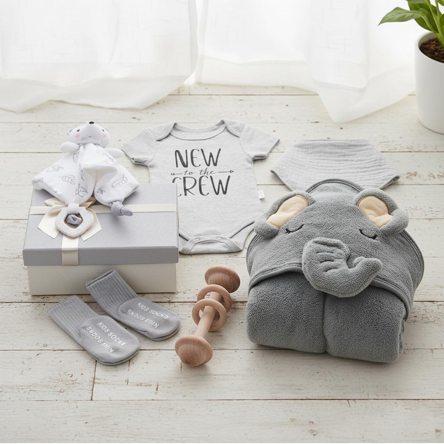 Baby Boy Girl Gift Box Set Newborn Baby Blanket, Newborn Lovey Security Blanket, Baby Wooden Rattle Toy, New Born Clothes Bibs Socks