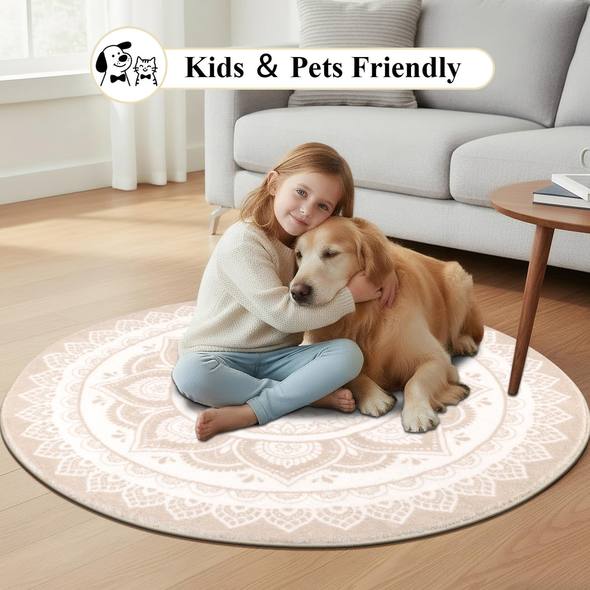 HEBE 5.25 Ft Large Round Area Rug Soft Chic Bohemian Mandala Rugs Machine Washable Non Slip Indoor Sofa Floor Area Mat Carpet for Living Room Sofa Bedroom Nursery Decor
