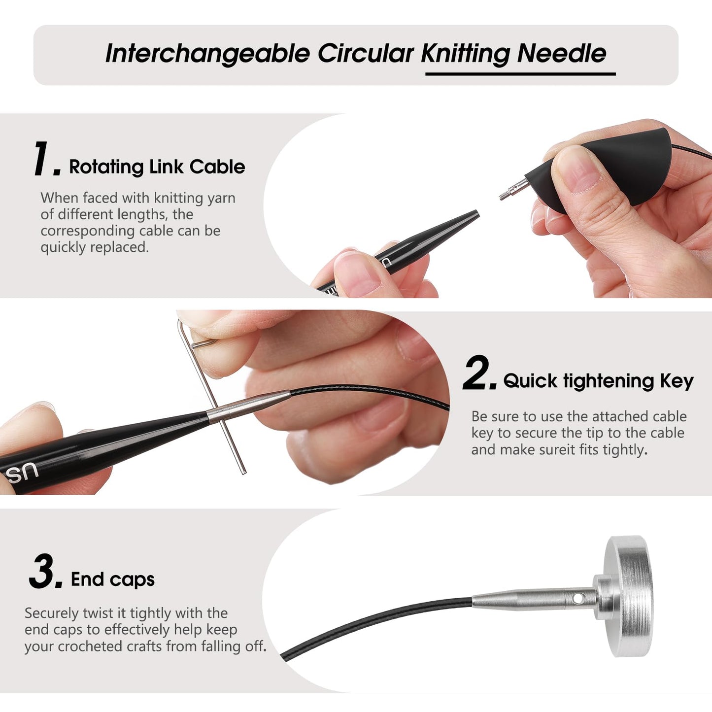 Guclud 4.5-inch Interchangeable Circular Knitting Needles Set | US 2.5-11 (3.0-8.0mm) | Includes 10 Pairs of Metal Circular Needles | 4 Cables (16", 24", 32", and 40"), Accessories & Case (Black)