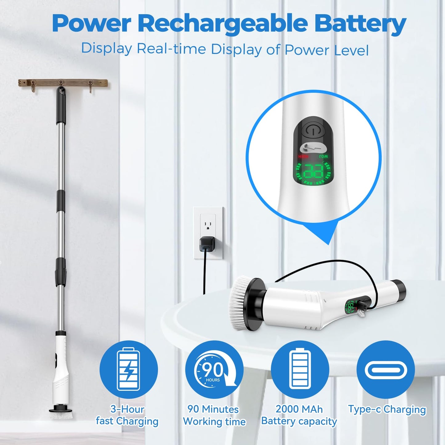 Electric Spin Scrubber, Cordless Cleaning Brush with Adjustable Extension Handle and 9 Replaceable Brush Heads, USB Rechargeable Electric Spin Scrubber for Bathroom