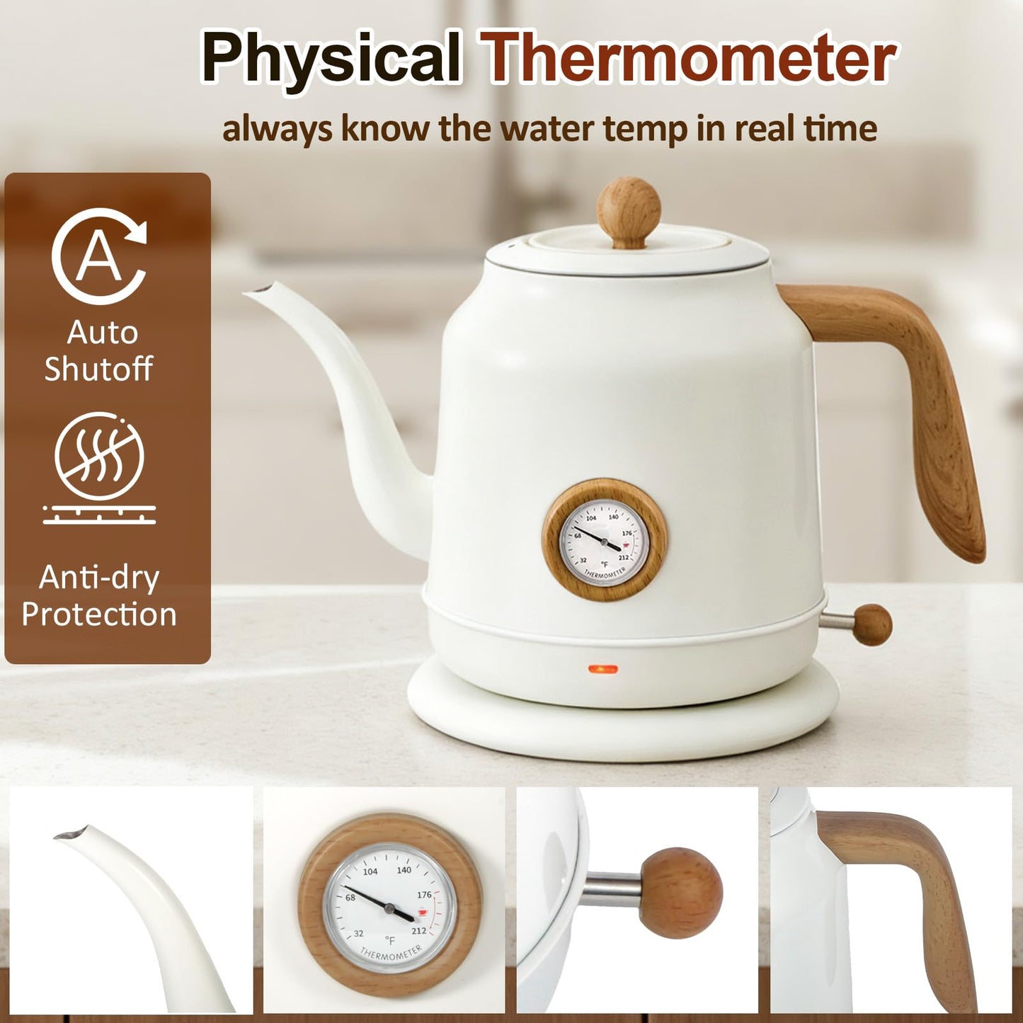 1.2L Electric Kettle, Gooseneck Kettle,Tea Pot with thermometer, Teapot Water Boiler Gooseneck Electric Kettles for Coffee & Tea