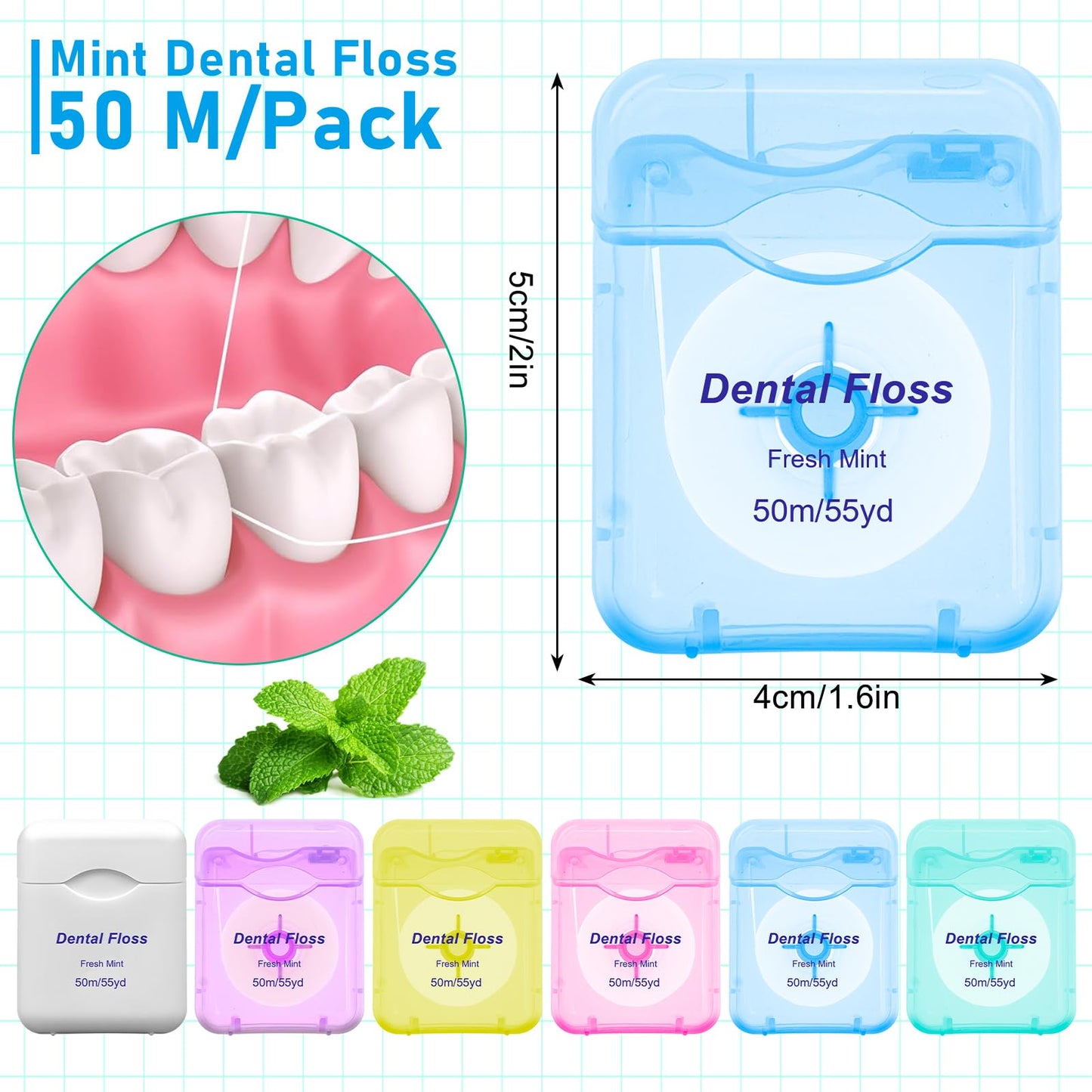 60 Pack Mint Flavored Dental Floss Bulk, 50m Each Travel Oral Care Dental Floss for Teeth and Gum Protection (Multicolor)
