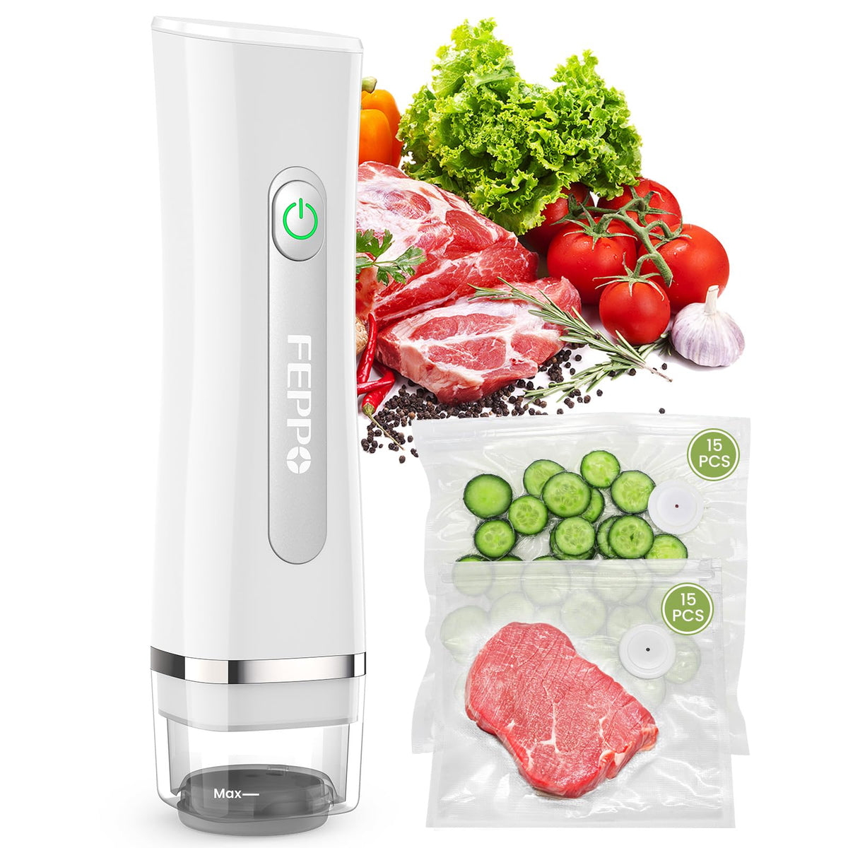 FEPPO Vacuum Sealer for Food with Visible Water Tank, Handheld Saver Compact Vacuum Sealer Machine with 30 Reusable Bags for 6X Preservation & Fresh, White