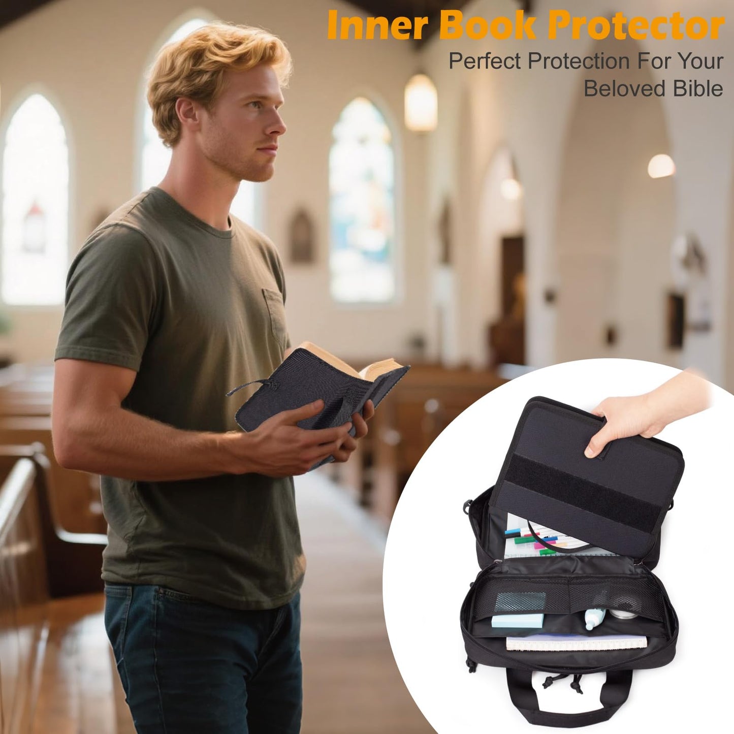 Tactical Large Bible Cover for Men,Double Layer Bibles Study Bag with Detachable Book Carrying Case, Covers for Bible Organizer with Zippered Pockets,Church Case with Handle.