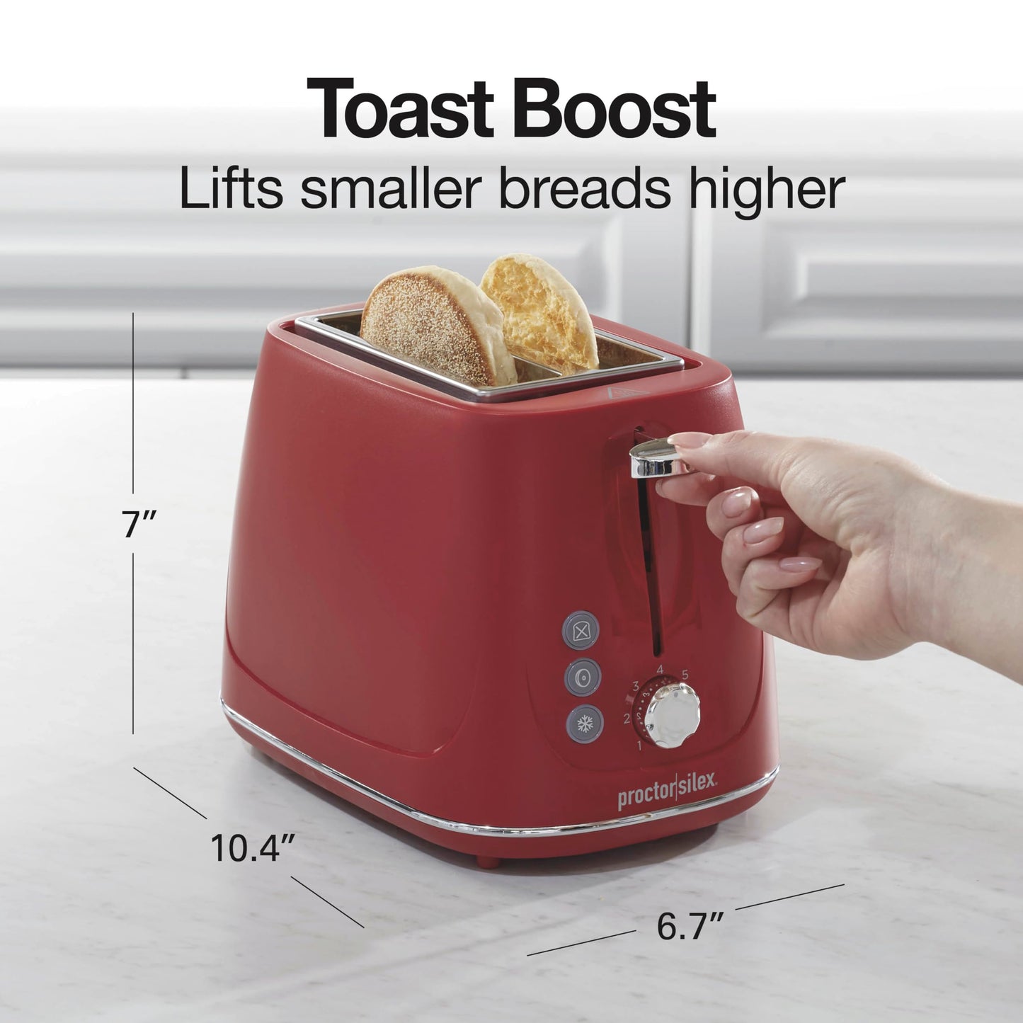 Proctor Silex 2-Slice Toaster, Red, Wide-Slot Toaster with Bagel, Defrost and Cancel Buttons, 7 Shade Browning Control, Toast Boost, 22661