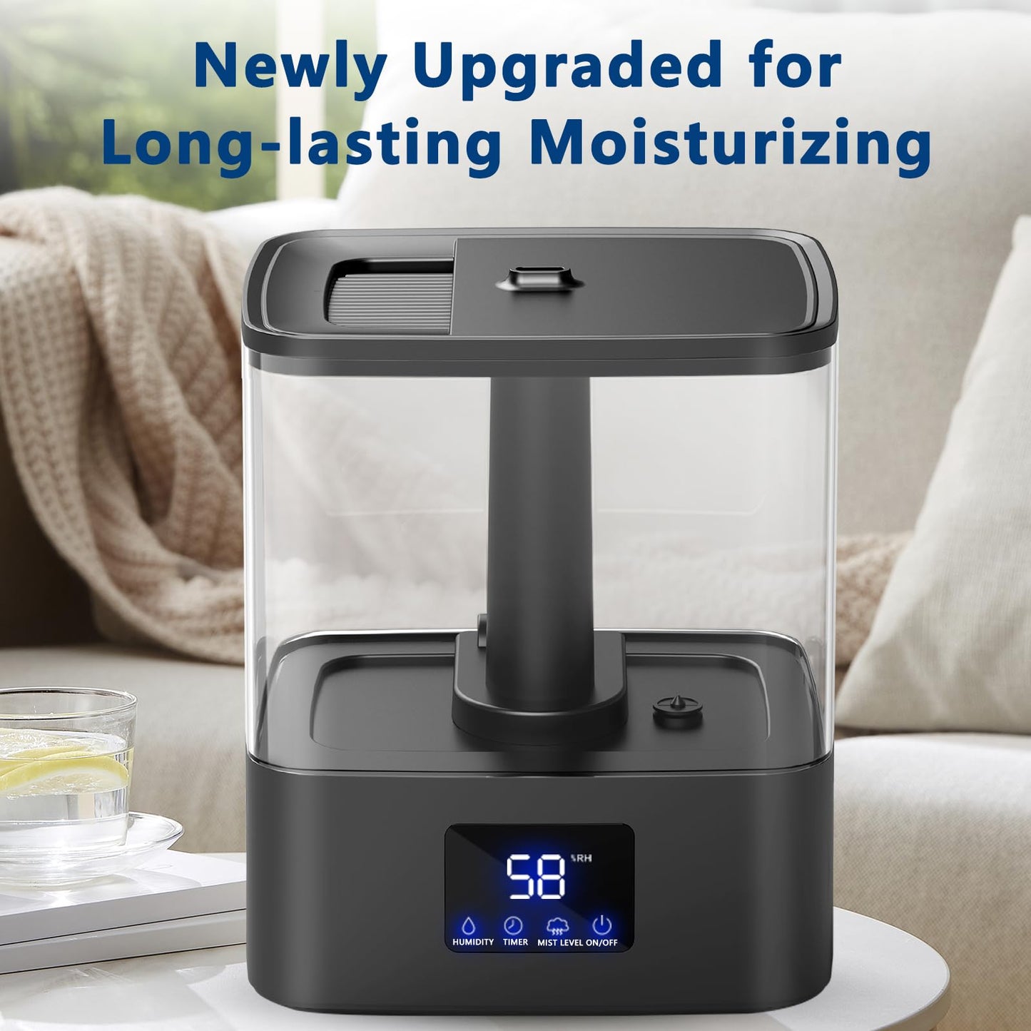 KZF Top Fill Humidifiers for Bedroom & 60H Runtime - Cool Mist Humidifier, 3 Mist Levels, 8H Timer, Essential Oil Tray, Humidity Display, Quiet for Bedroom, Baby, Plants, Large Room (4L)