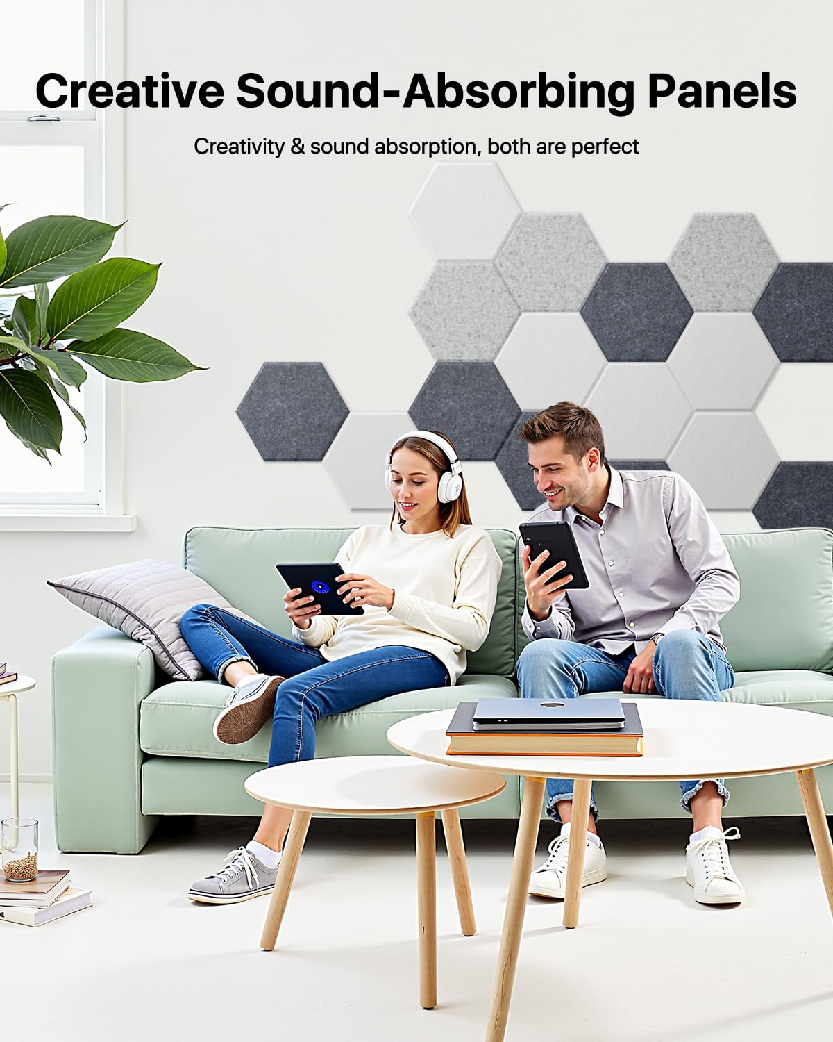 Sound Proof Panels Hexagon Self-Adhesive Acoustic Panels 12 Pack High Density Soundproofing Panels Beveled Edge for Studios/recording room/offices acoustic treatment and wall decoration 12"×10"×0.4"