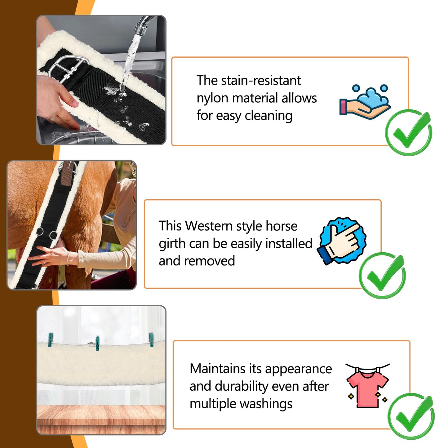 32 Inch Horse Girth, Saddle Strap with Stainless Steel Buckle, Soft Wool with Non-Slip Nylon Webbing, Designed for English Saddles, Easy to Install