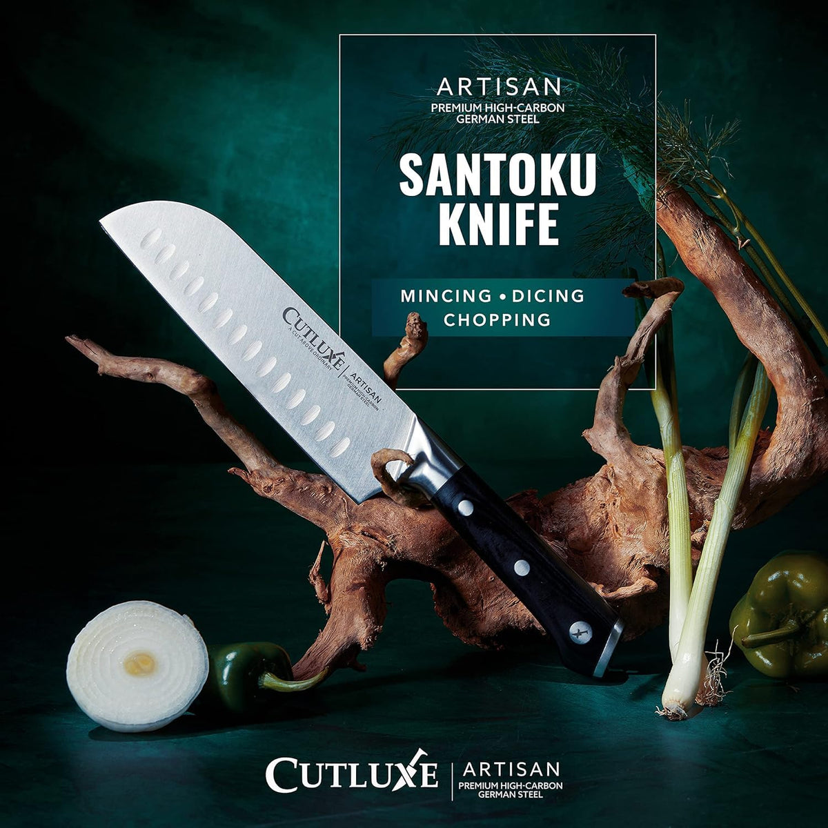 Cutluxe Santoku Knife – 7" Chopping Knife, Vegetable Knife – Forged High Carbon German Steel, Sheath Included, Full Tang, Razor Sharp, Ergonomic Handle Design – Artisan Series