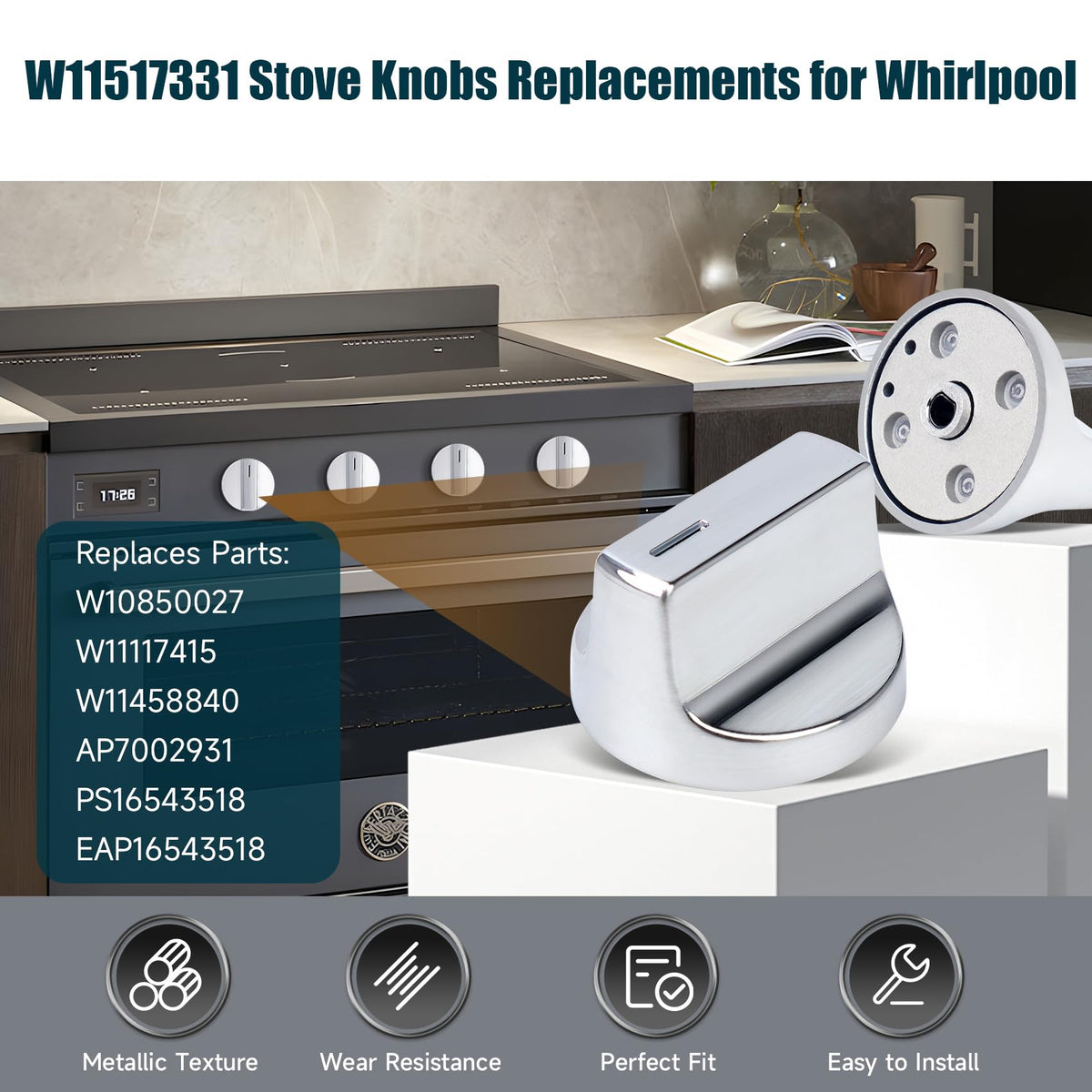 W11517331 for Whirlpool Electric Range Knobs Replace W10850027 W11117415 W11458840 Oven Knob, Compatible with Whirlpool WEC310S0LS1, WEE515S0LZ1, WEC310S0LS2, WEE515S0LS1 Electric Range Knob (4PC)