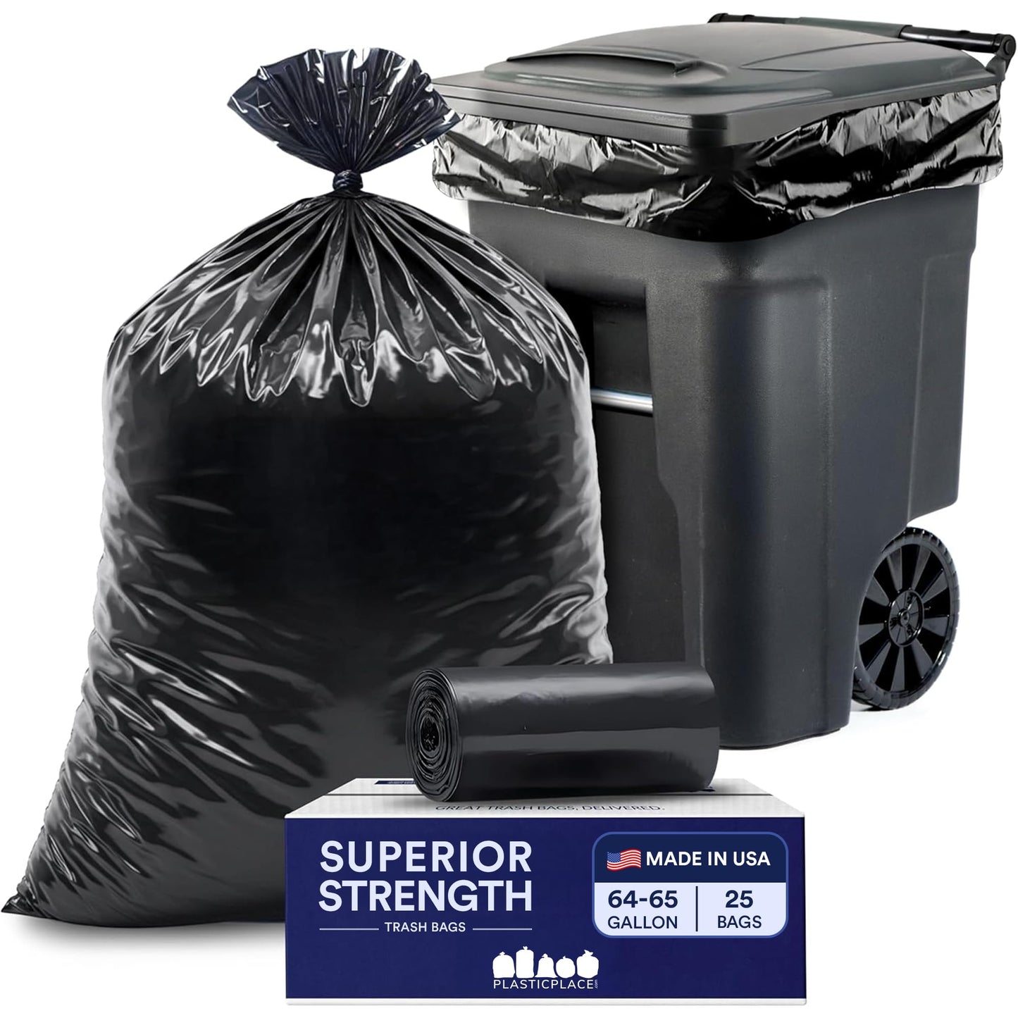 Plasticplace 64-65 Gallon Black Trash Bags, Heavy Duty Toter Can Liners, Tear & Leak-Proof, Industrial Strength, 25 Count, Large Garbage Bags for Kitchen & Commercial Use 1.2 Mil, 50" x 60"