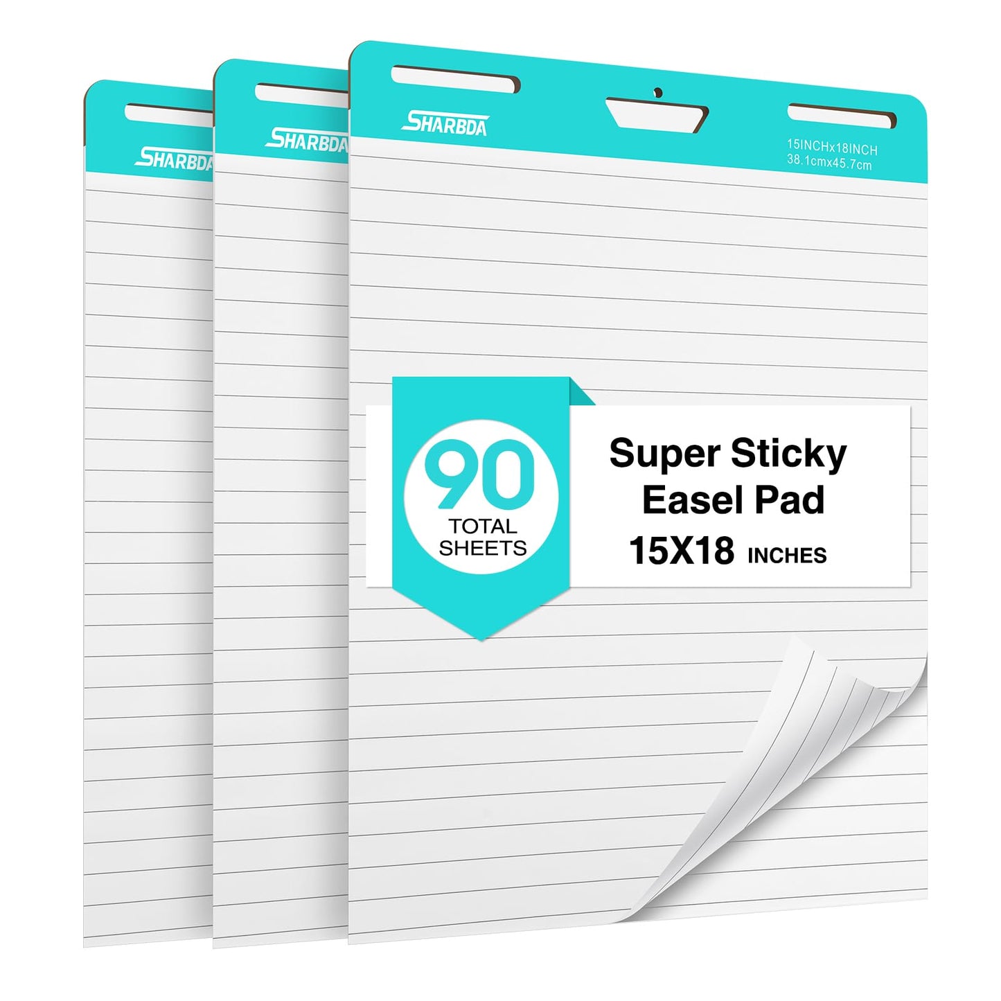 SHARBDA Lined Sticky Easel Pad,Lined Chart Paper 15"x18", Sticky Easel Pad with 3 Packs, 90 Sheets, Upgraded Big Anchor Flip Chart Paper with Super Sticky Back, Self-Stick Paper for Walls & Easels