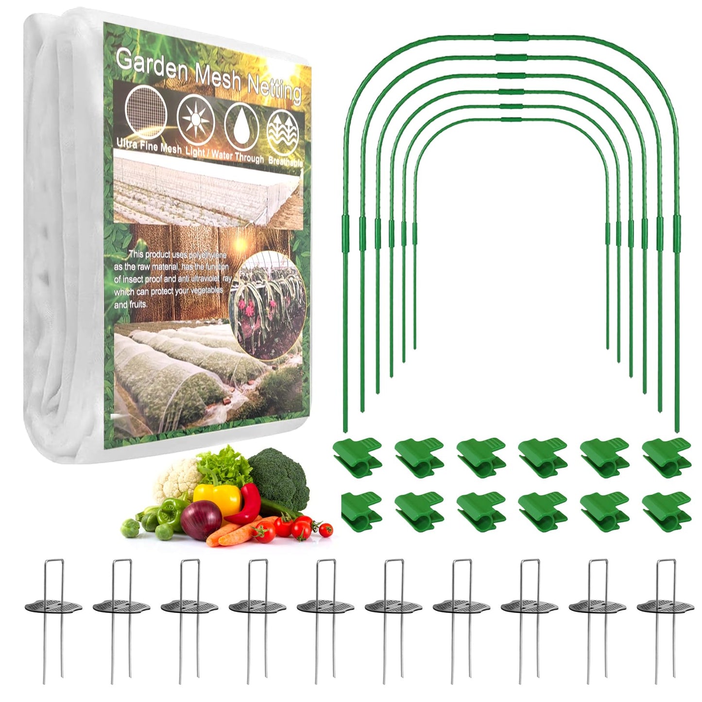 Garden Insect Mesh Netting Kit with Hoops – 10 x 50FT Insect Netting, 6 Sets Garden Hoops, 16 Clips & 10 Pegs Stakes with Washers for Vegetables, Plants & Raised Beds