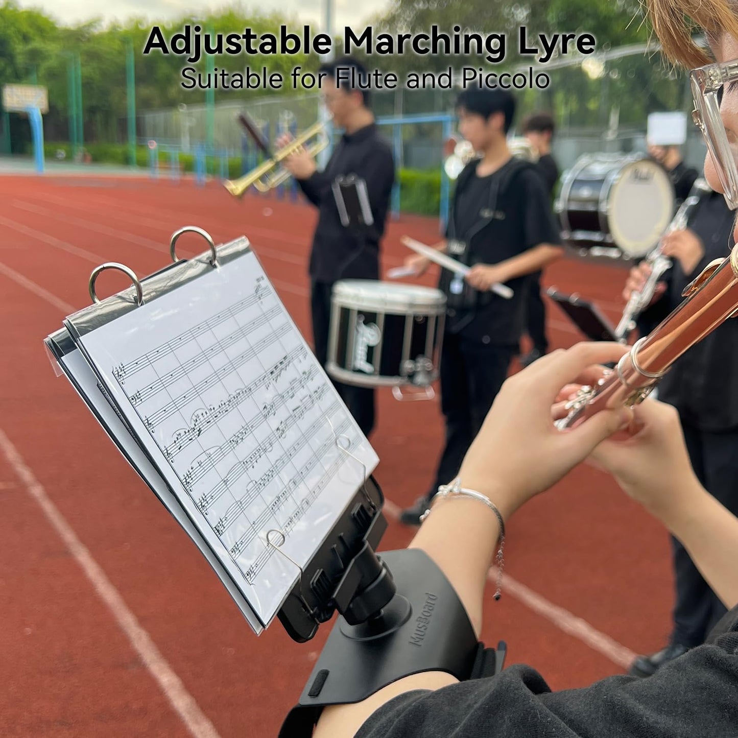 MusBoard Flute Lyre MB-FP10 v2, Adjustable Marching Band Lyre for Flute and Piccolo with Flip Folder, Includes 10 Pieces Double-Sided Folio Pages (Reinforced Version)