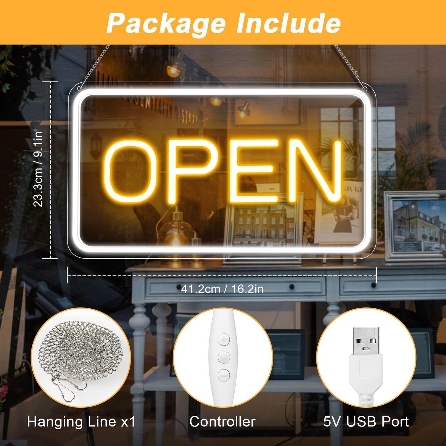 Neon Open Sign 16"x 9", Dimmable LED Open Signs for Business, Ultra Bright USB Powered Open Sign with On/Off Switch, Adjustable Brightness, for Window Stores Restaurants Offices Wall Bar Cafe