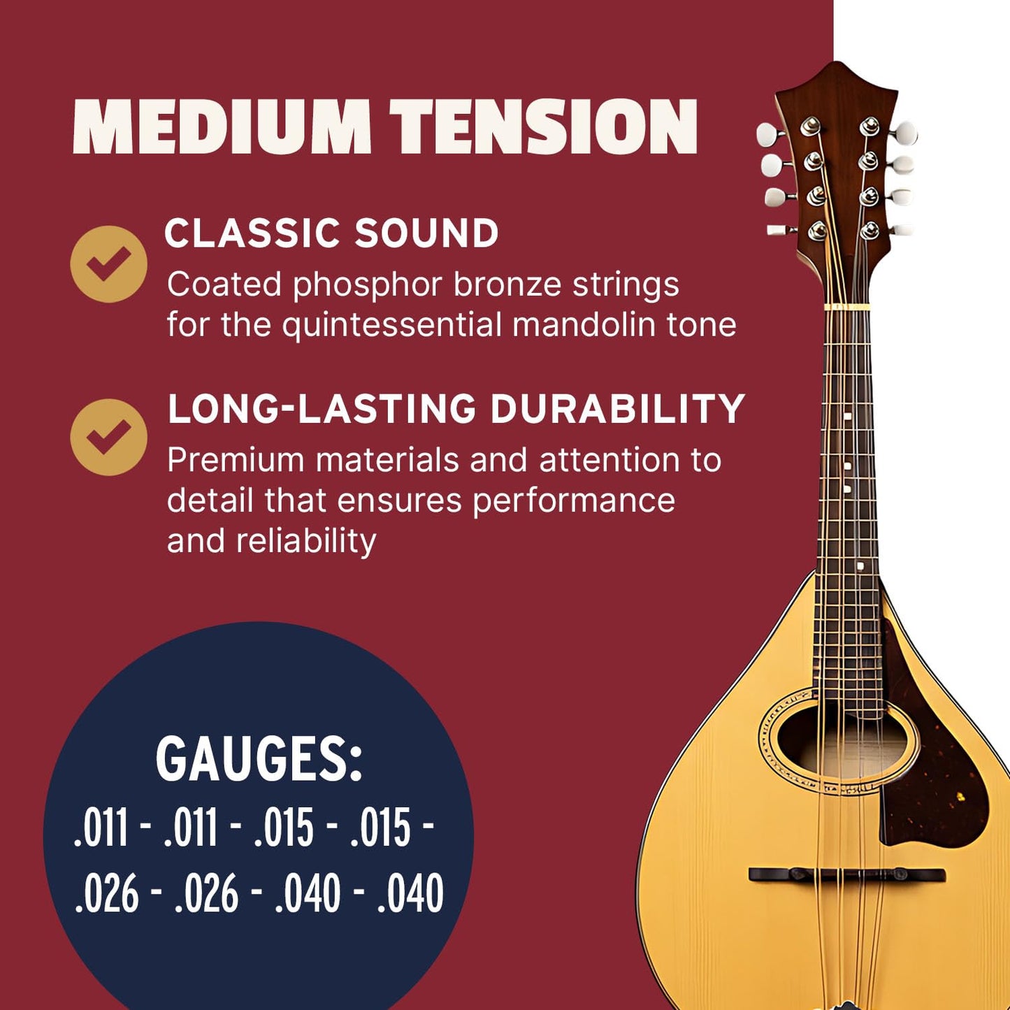 Stringjoy FW1140 Foxwoods Coated Phosphor Bronze Mandolin Strings, (Medium Gauge - 11-40)