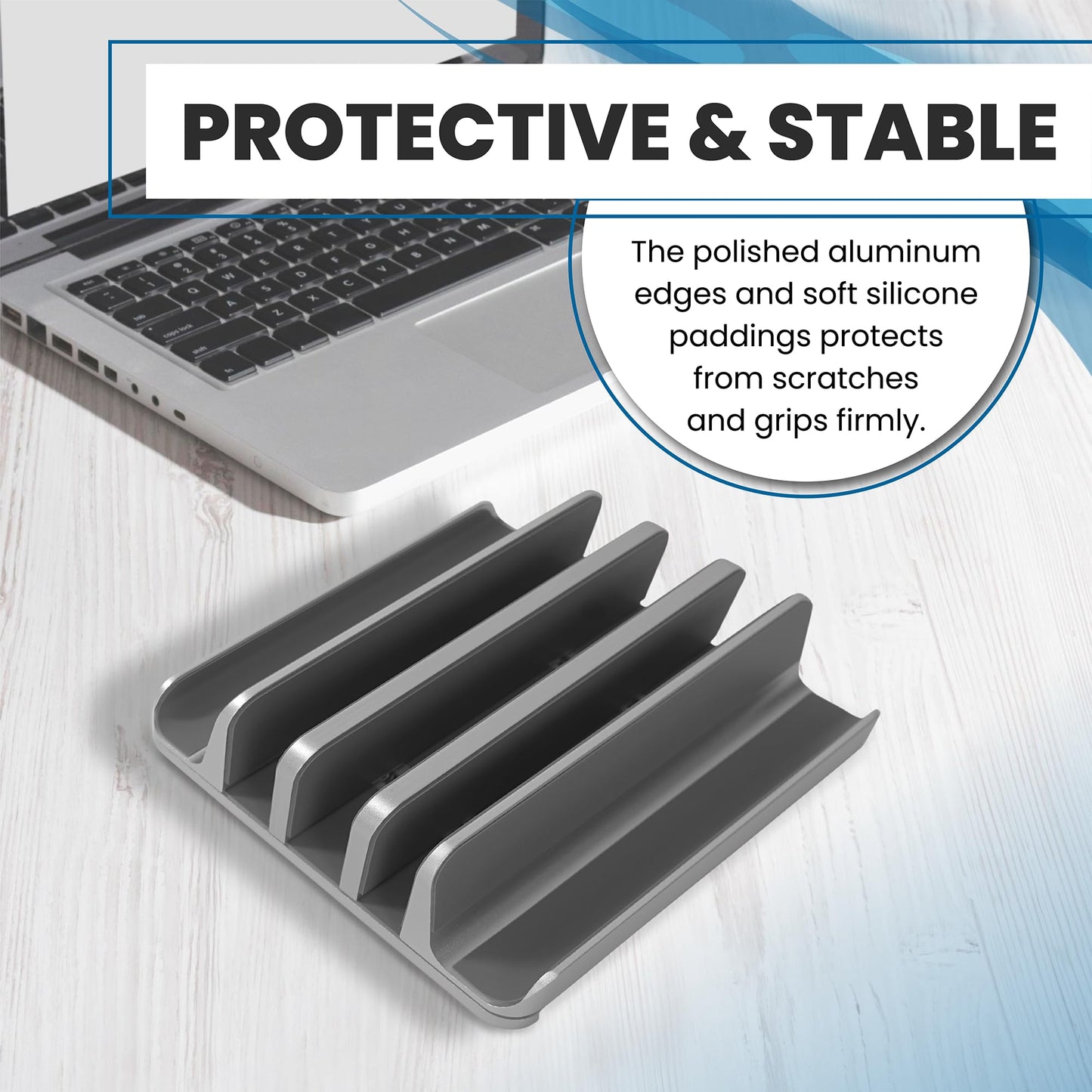 Multiple Laptop Holder Vertical – Adjustable Laptop Vertical Stand Holds 5 Devices, Fits All MacBooks Laptops Tablets and Mobiles (up to 17.3”). Closed Upright Vertical Laptop Stand for Desk (Grey)