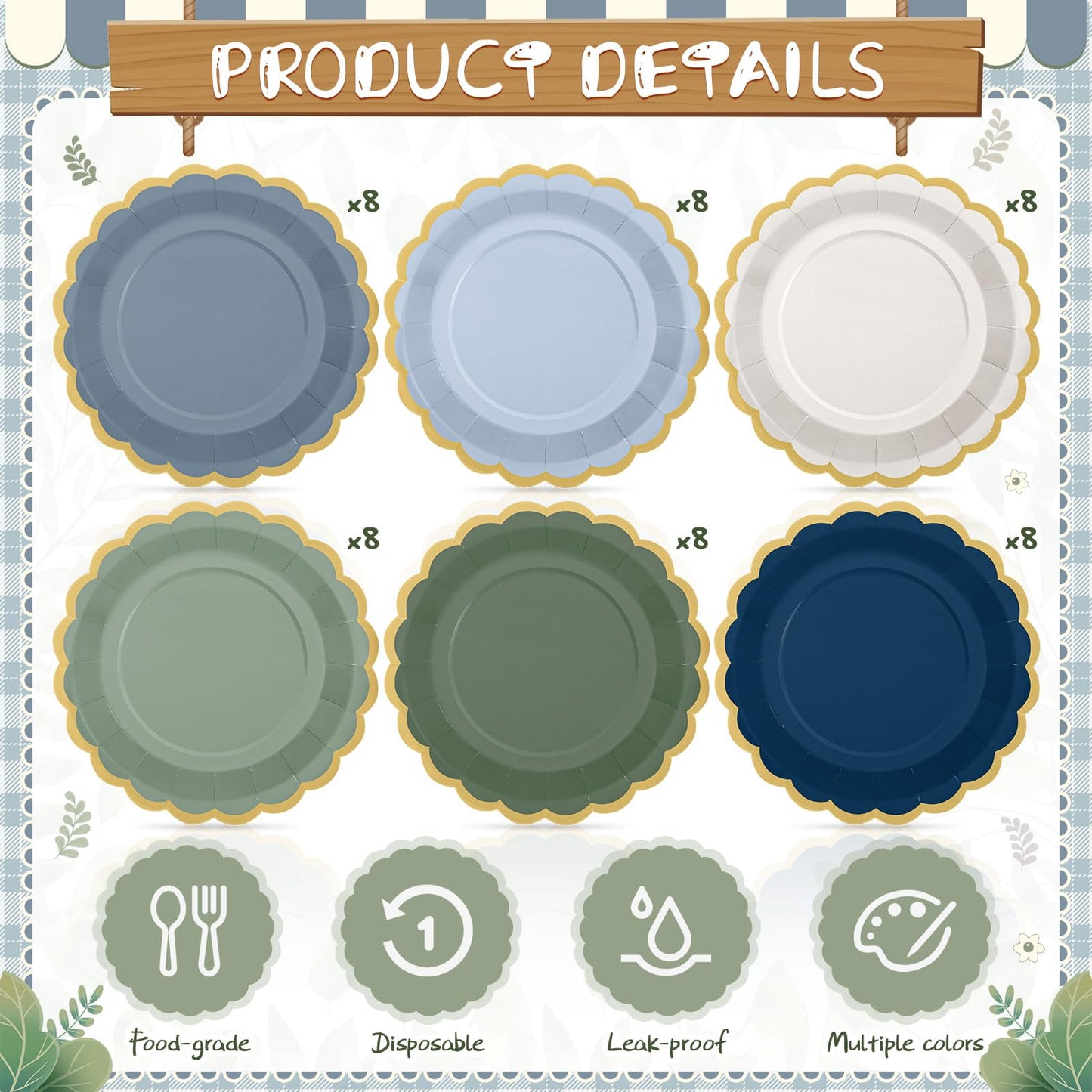 Tiangrid 48 Pcs Dusty Blue Sage Green Paper Plates 9 Inch Green Blue Scalloped Paper Disposable Dinner Dessert Plates for Birthday Wedding Bridal Party Supplies, 6 Colors