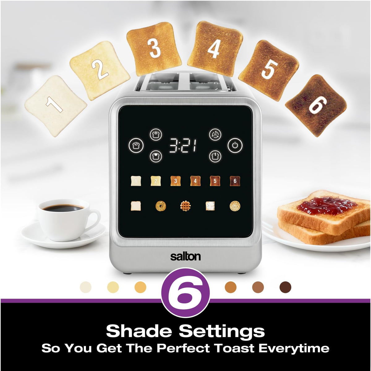 Salton Touchscreen Toaster | 2 Slice Digital Toaster | Intuitive Touch Controls | 6 Precise Shade Settings | Memory & Single Slice Functions | Removable Crumb Tray | Anti-Jam Safety Shut-Off