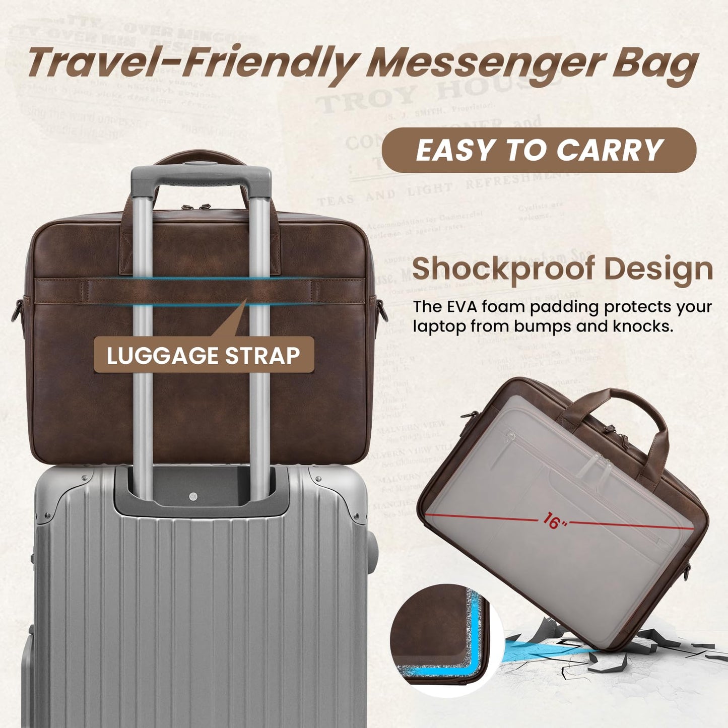 RAINSMORE Messenger Bag for Men 16 Inch Laptop Bag Vintage Leather Laptop Bag Waterproof Computer Briefcase Retro Satchel Bag Brown