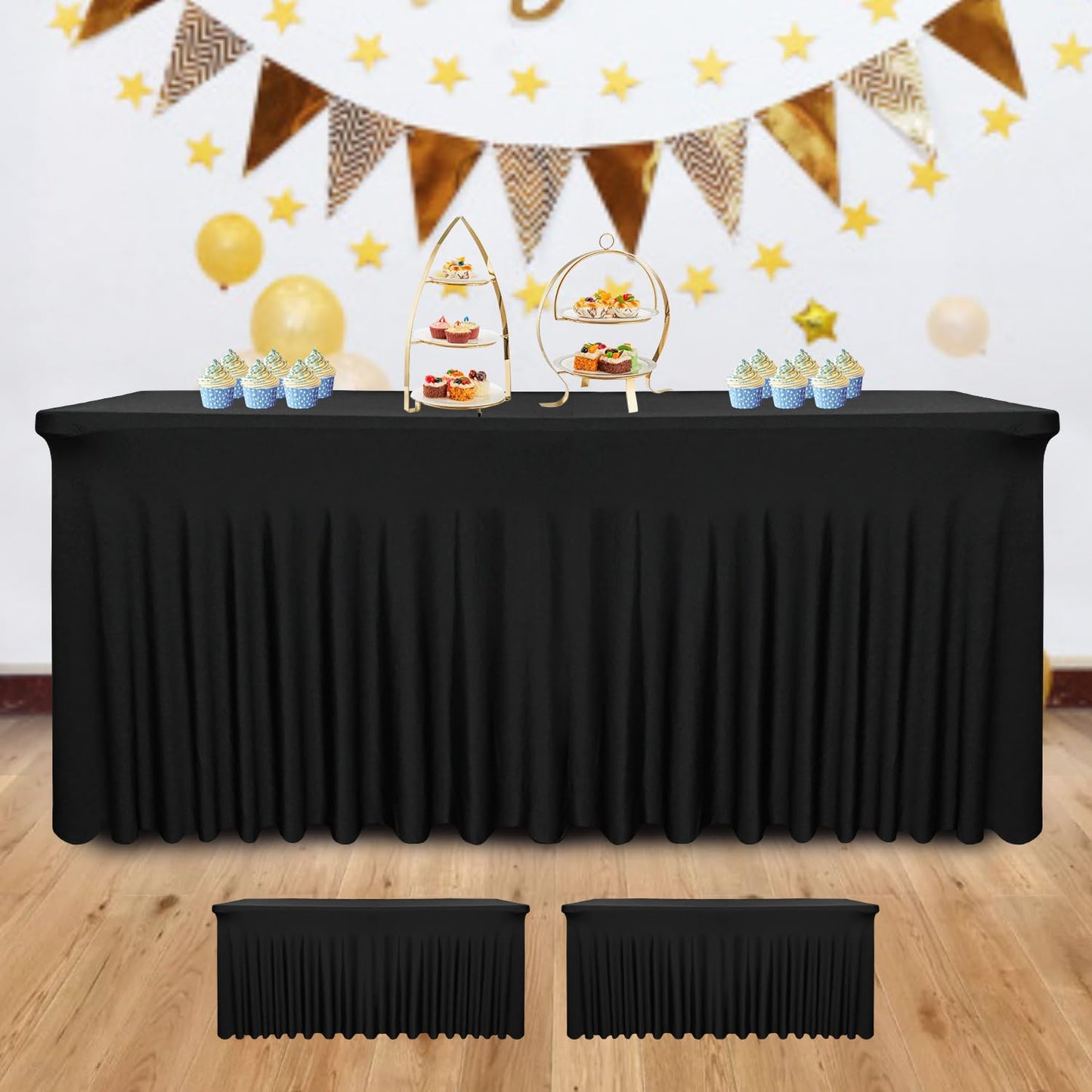 2 Pack 72''Lx30''Wx30''H Black Table Skirt for 6 Foot Rectangle Tables|Stretch Spandex Fitted Table Clothes|with Skirt Washable Wrinkle Resistant Table Skirt|for Party, Banquet, Birthday