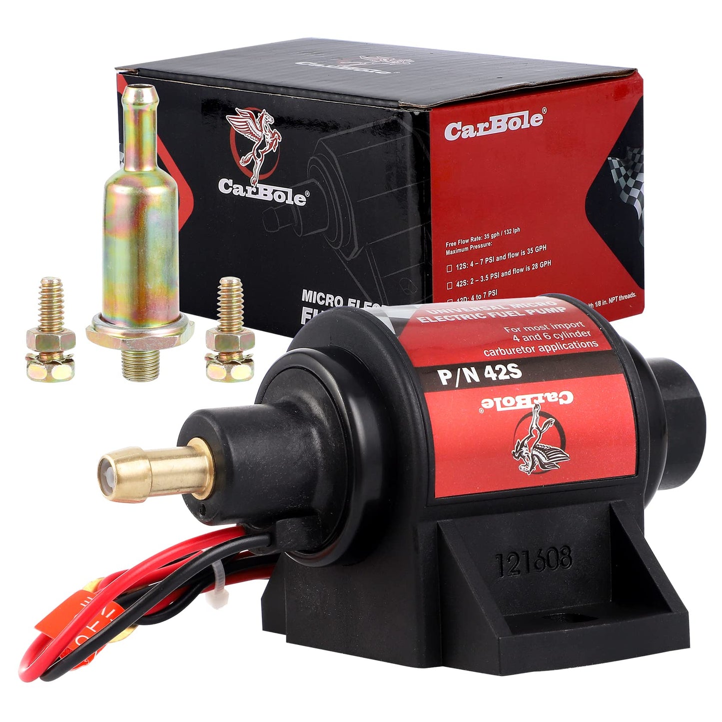 CarBole Gasoline Electric Fuel Pump Universal 5/16 Inch Inlet and Outlet Inline 12V 1-2A 28GPH 2-3.5P.S.I. Operating Fuel Pressure