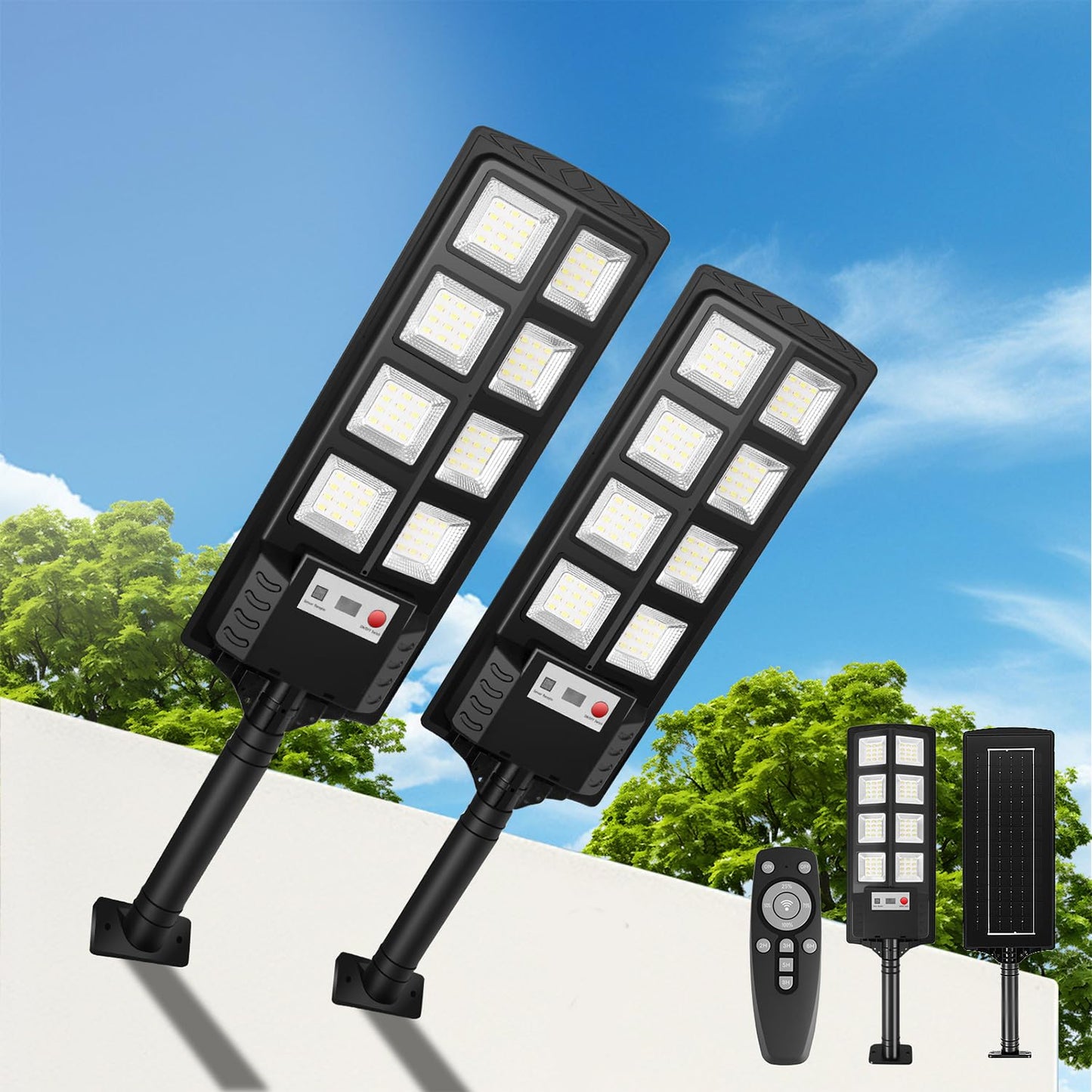 SENDALE Solar Street Lights Outdoor 2 Pack, IP66 Waterproof LED Security Light, 6500K Solar Flood Lights Dusk to Dawn with Motion Sensor and Remote, Parking Lot for Yard, Garage