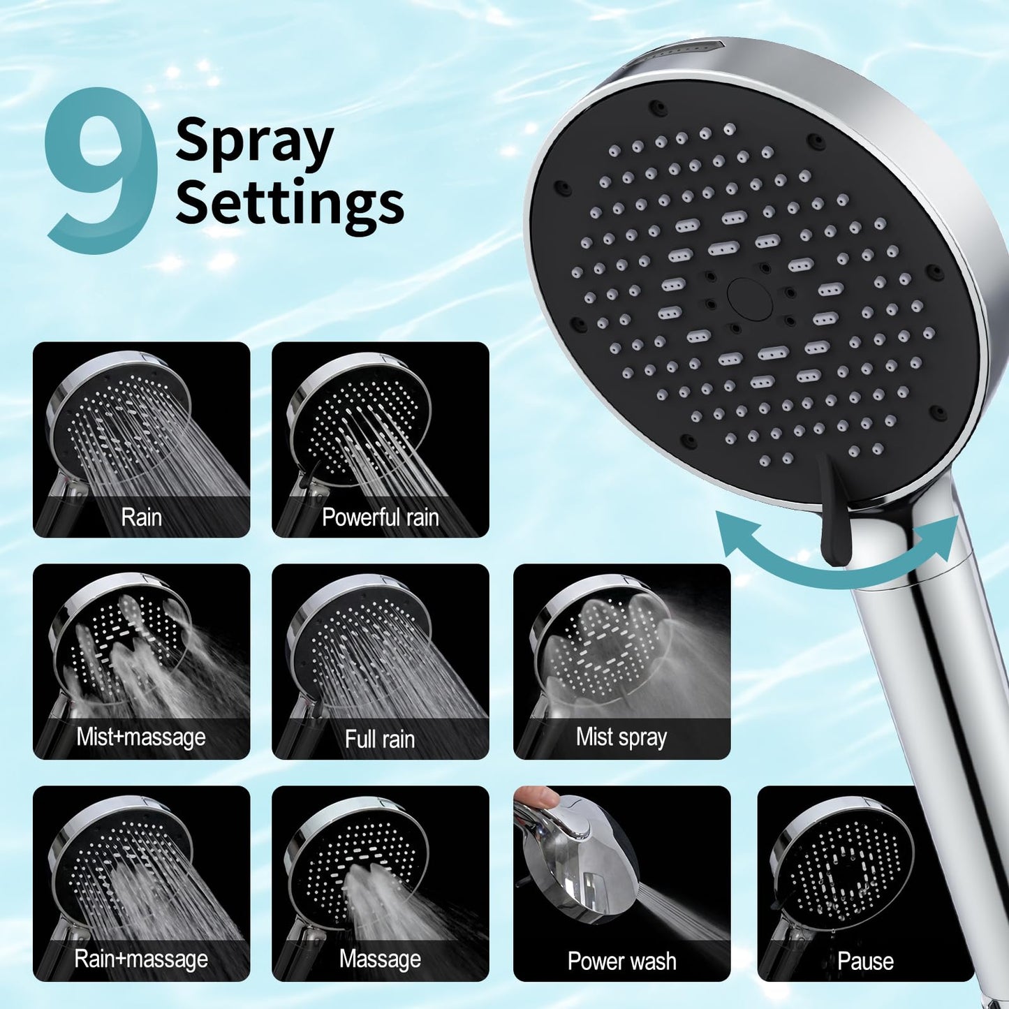SR SUN RISE NSF Certified Filtered Shower Head with Handheld for Hard Water to Remove Chlorine High Pressure 9-Spray Setting (with Power Wash) Anti-Clog Nozzles 1 Filter, Chrome
