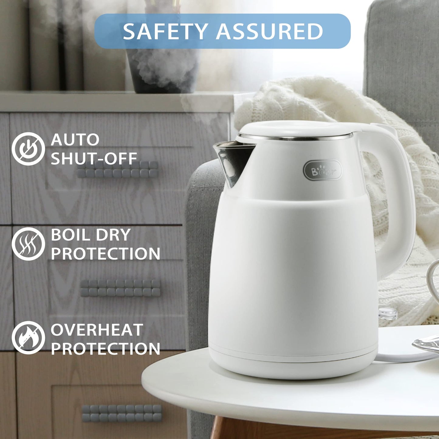 Bear Electric Kettle, 1.5L Rapid-boil Water Boiler, Stainless Steel 304 Inside, 1500W Tea Kettle with Auto Shut Off & Boil Dry Protection, Electric Water Kettle Great for Tea and Coffee