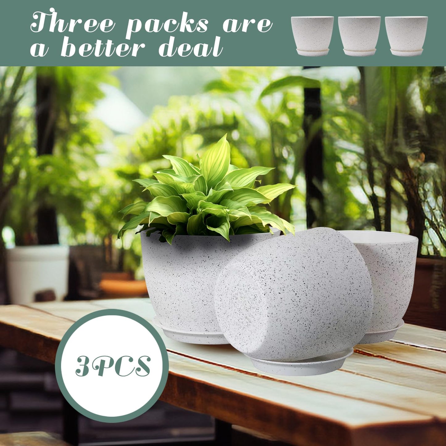 10/9/8 inch Plant Pots, 3 Pack Plastic Flower Pots Modern Flower Pots with Drainage Holes and Trays are for Indoor and Outdoor Plants, Herbs and Flowers,White Speckles (White)