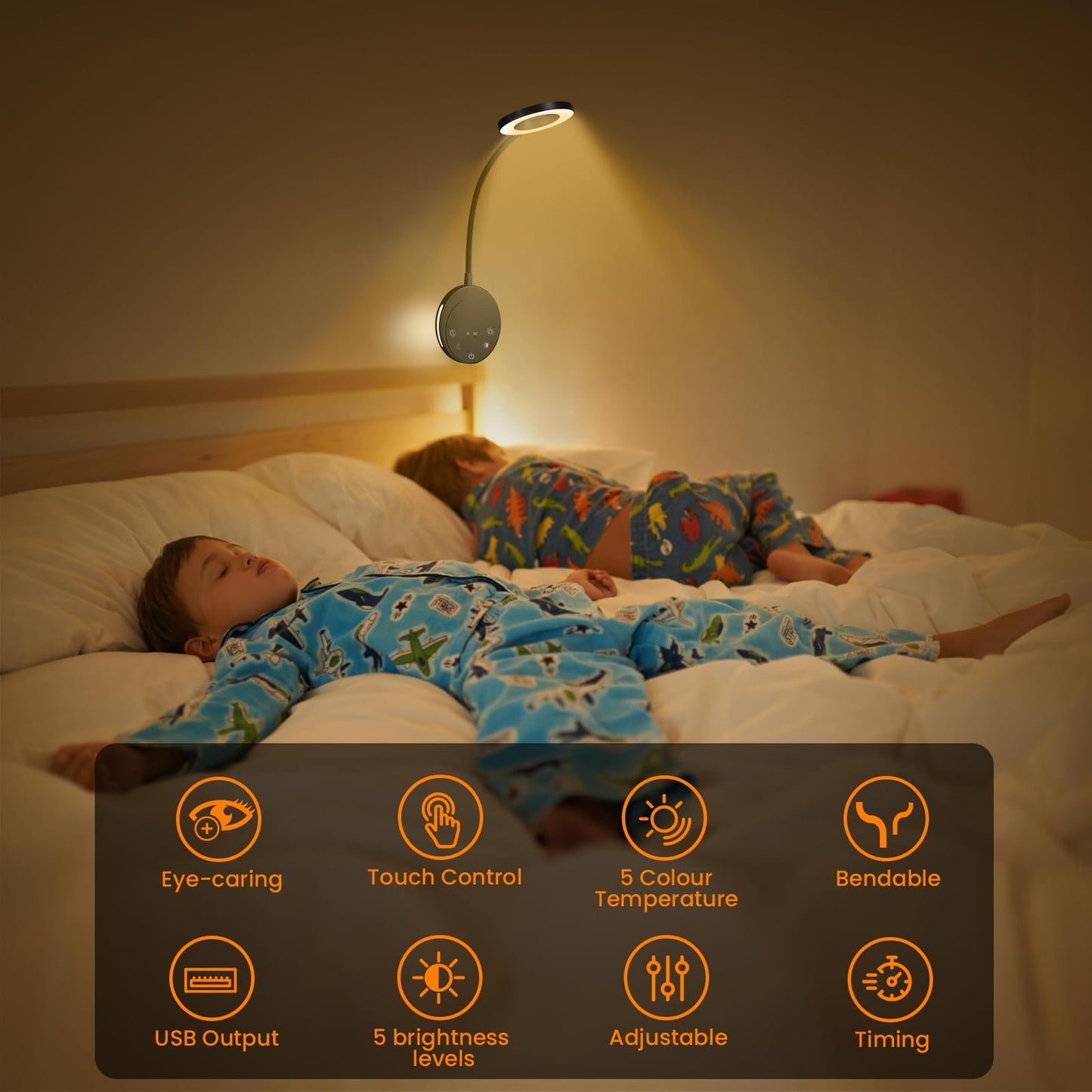 Wall Mounted Reading Light,NoeiiT Book Lights with 5 Dimming,Bedside Headboard Lights Flexible Gooseneck,USB Output,Night Light & Timers Function（5/30 min, 3000K-6500K Upgrade LED Bed Lamp Black