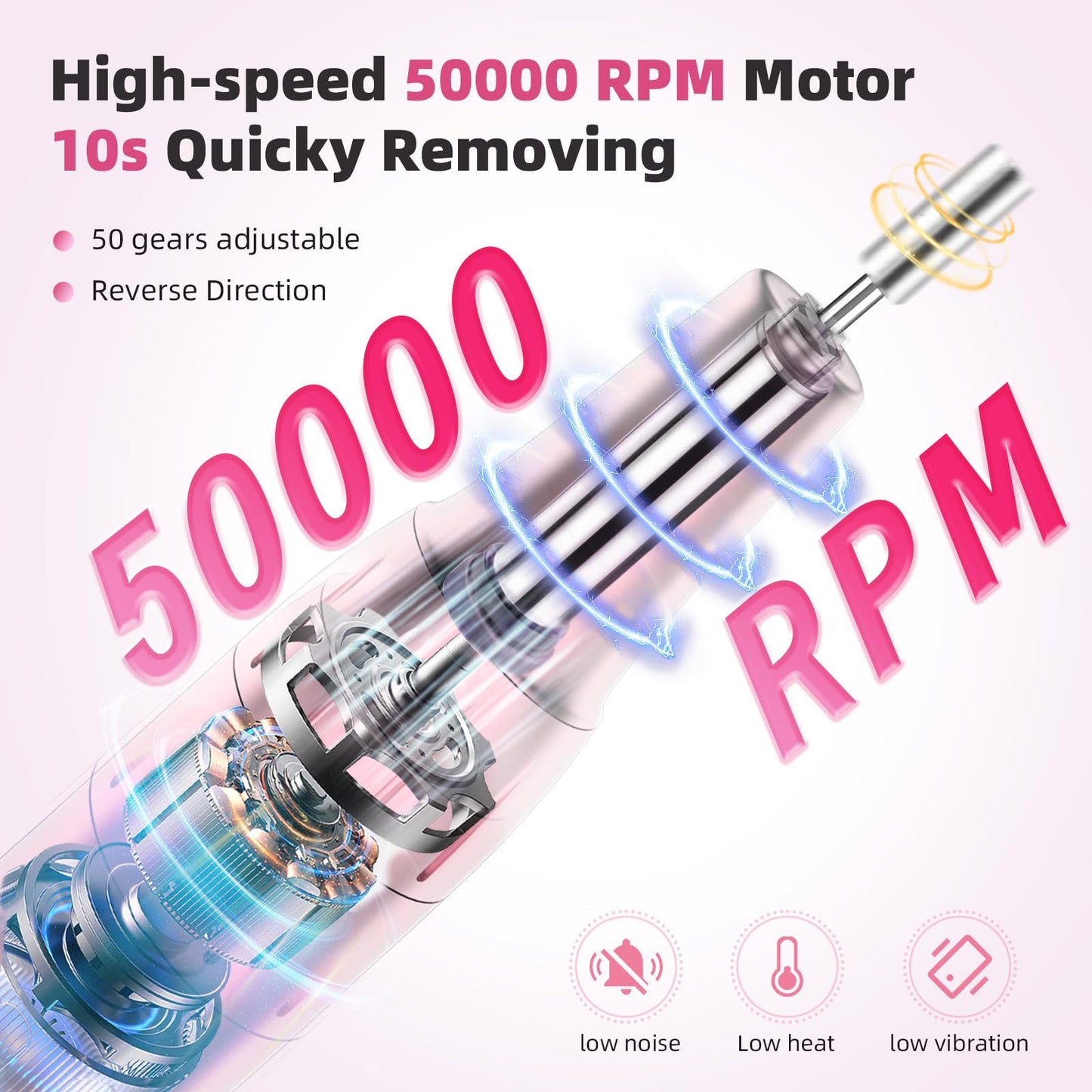 KNASNPI Professional Electric Nail Drill 50000 RPM High Speed with Smart Adjustment, Nail Salon & Home Use Kit, 6 Grinding Heads & Extended Runtime