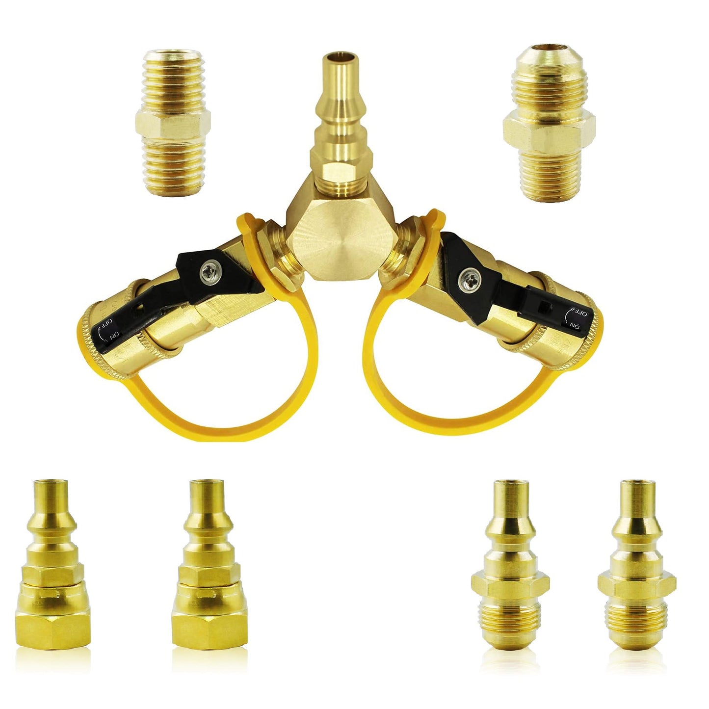 MCAMPAS 1/4" Propane Y Splitter Adapter Kit - 2-Way RV to Grill Quick Connect/Disconnect LP Gas Hose Fitting for Campers, Trailers & Outdoor Cooking Appliances