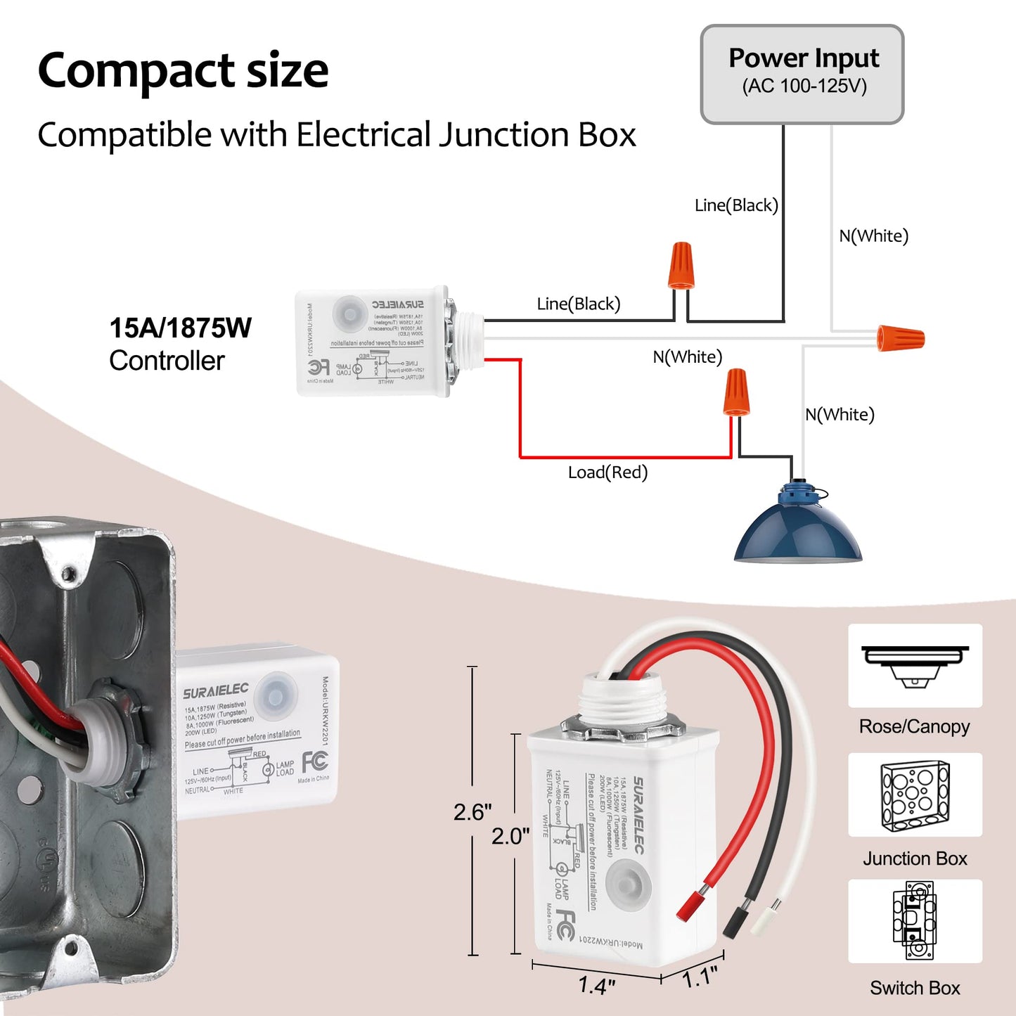 SURAIELEC Wireless Light Switch and Receiver Kit, 15A High Power, No Wiring, 100ft RF Range, Programmable Remote Control 3 Way Wall Switches for Lamp, Ceiling Light, Fan, Outdoor Lighting