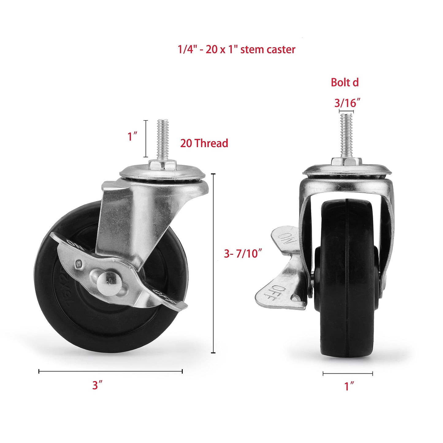 Hlyluoyi 3 Inch Casters Set of 4, Wheels for Shelves, Heavy Duty Wire Shelving Casters,1/4-20x1Threaded Stem Casters Compatible for 3/4 Shelf Pole of Metal Shelving,Wire Shelf,Shelving Unit,Wire Rack