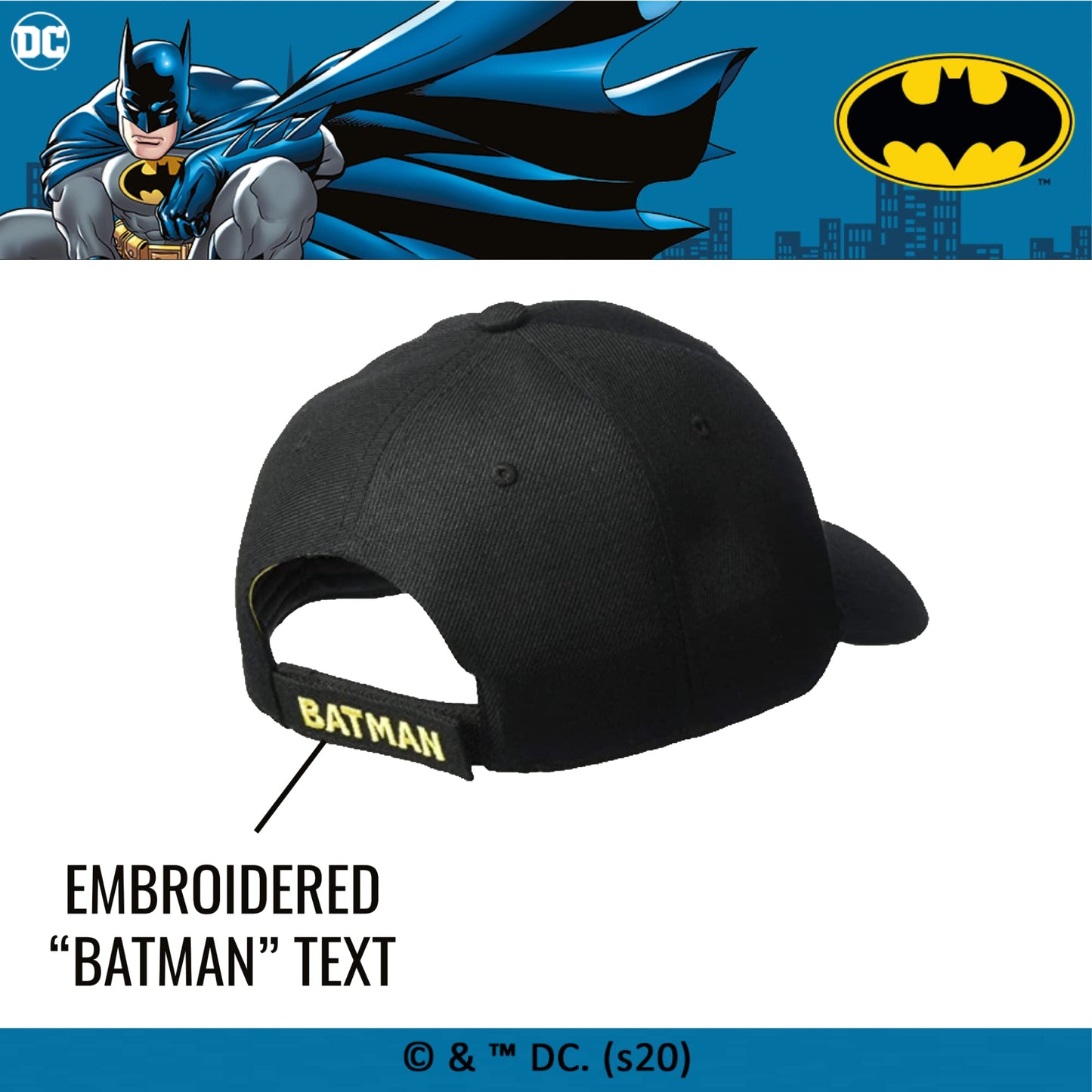 DC Comics Batman Baseball Hat, Embroidered Logo Adjustable Cap with Curved Brim, Black, One Size, Black/Yellow, One Size