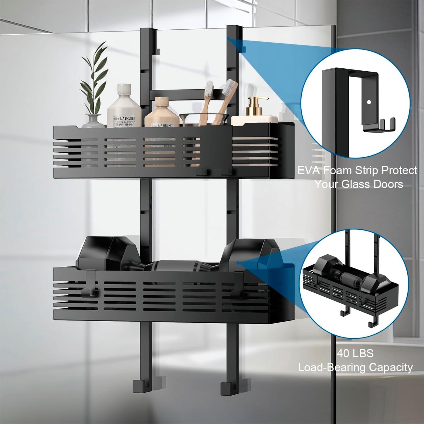 Hodzeed Shower Caddy Hanging Over The Door, Rustproof Shower Shelves with Hooks Black Shower Rack Hanging Shower Organizer Shelf 2 Tier No Drilling Bathroom Shelf Over the Door for Dorm,Toilet,Kitchen