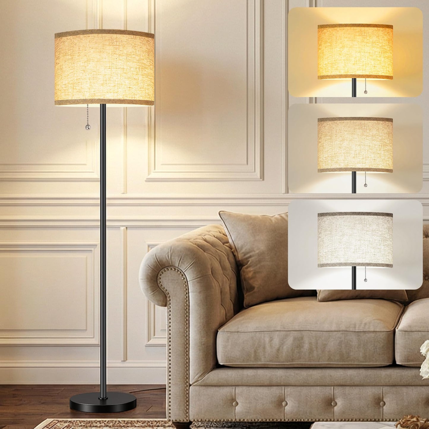 FUNNYBEHOM Floor Lamps for Living Room with 3 Color Temperatures Standing Lamp with Beige Linen Lampshade Tall Lamps for Bedroom Office, Reading, 9W LED Bulb Included, Black